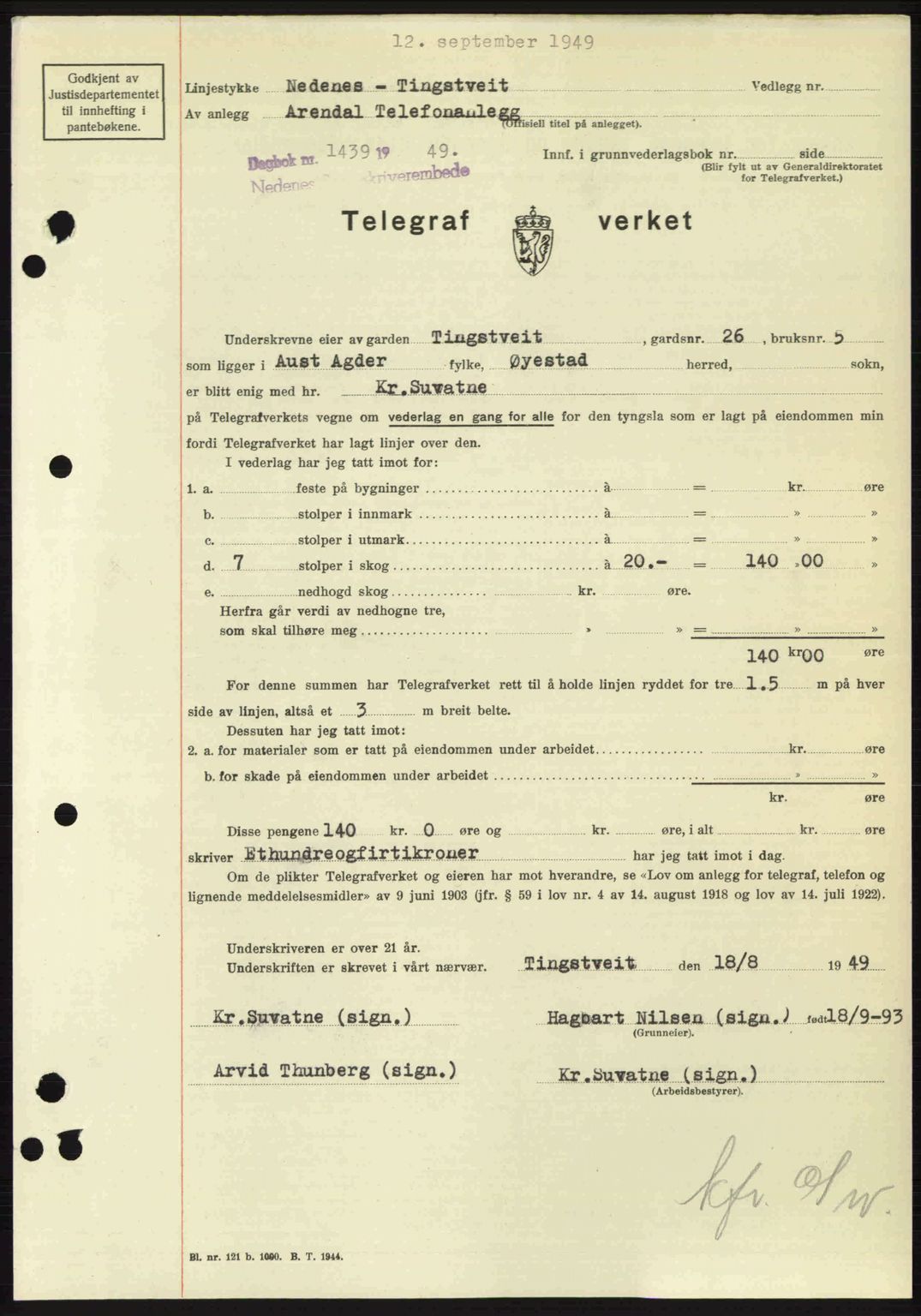 Nedenes sorenskriveri, SAK/1221-0006/G/Gb/Gba/L0061: Mortgage book no. A13, 1949-1949, Diary no: : 1439/1949