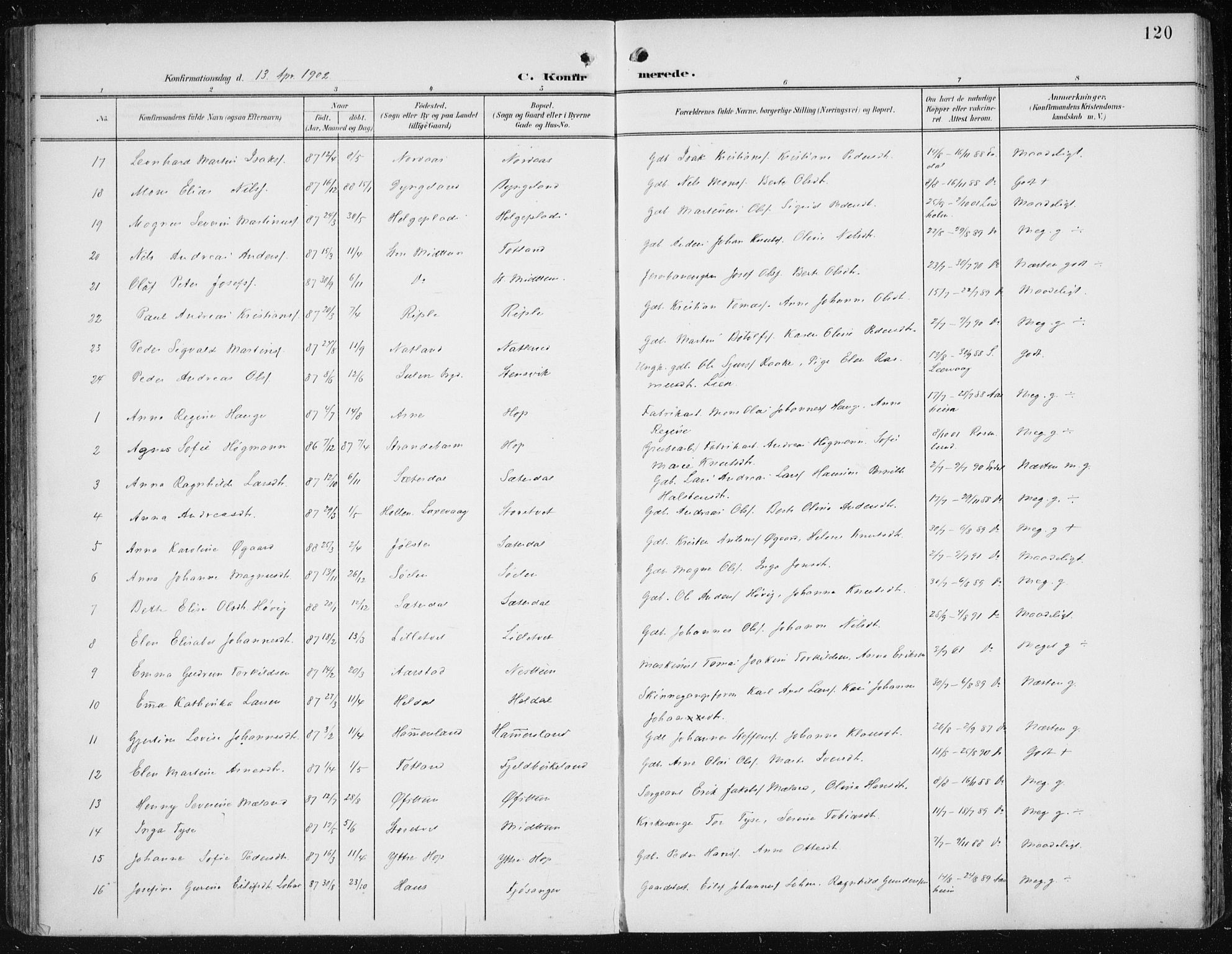 Fana Sokneprestembete, SAB/A-75101/H/Haa/Haai/L0003: Parish register (official) no. I 3, 1900-1912, p. 120