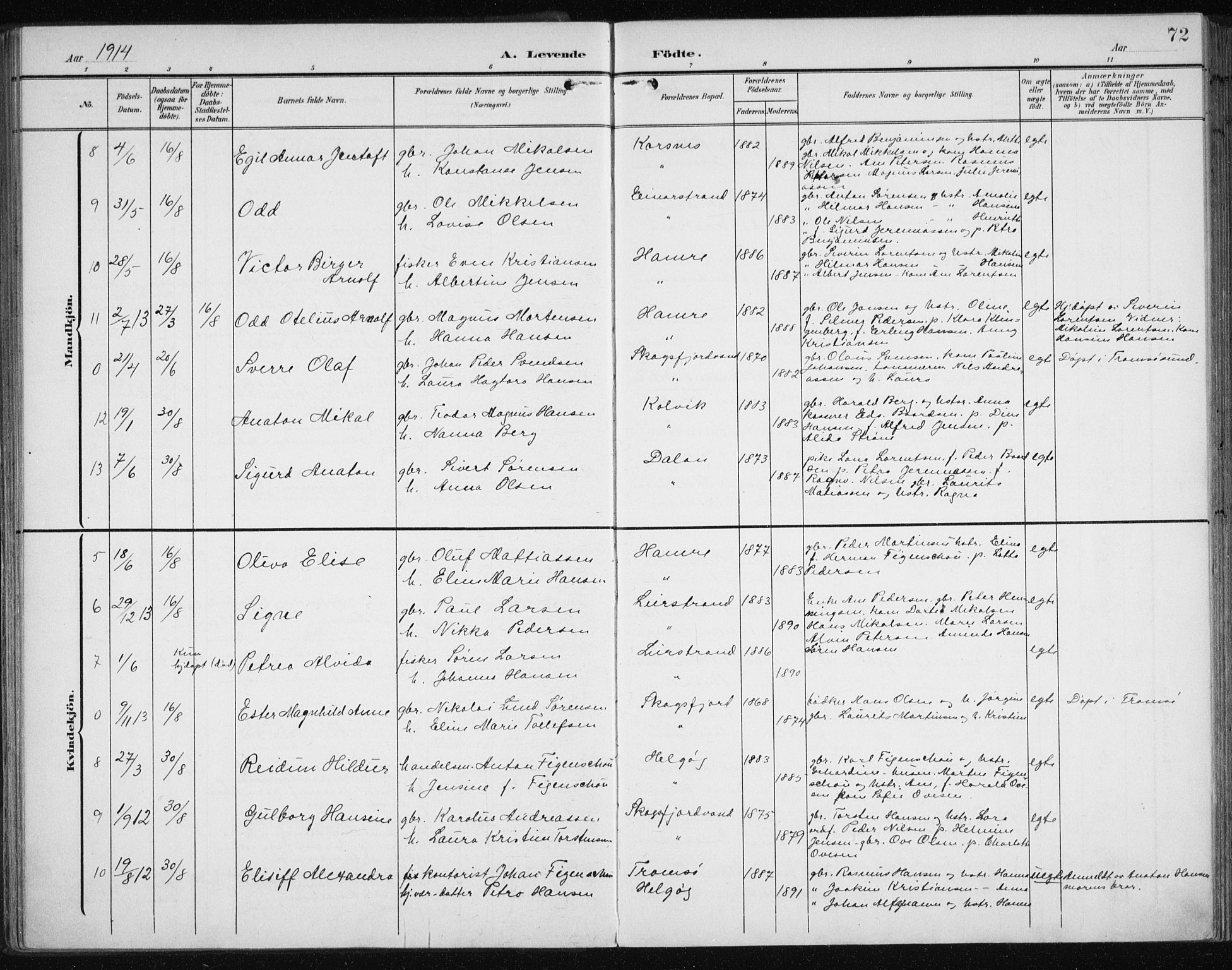 Karlsøy sokneprestembete, AV/SATØ-S-1299/H/Ha/Haa/L0013kirke: Parish register (official) no. 13, 1902-1916, p. 72