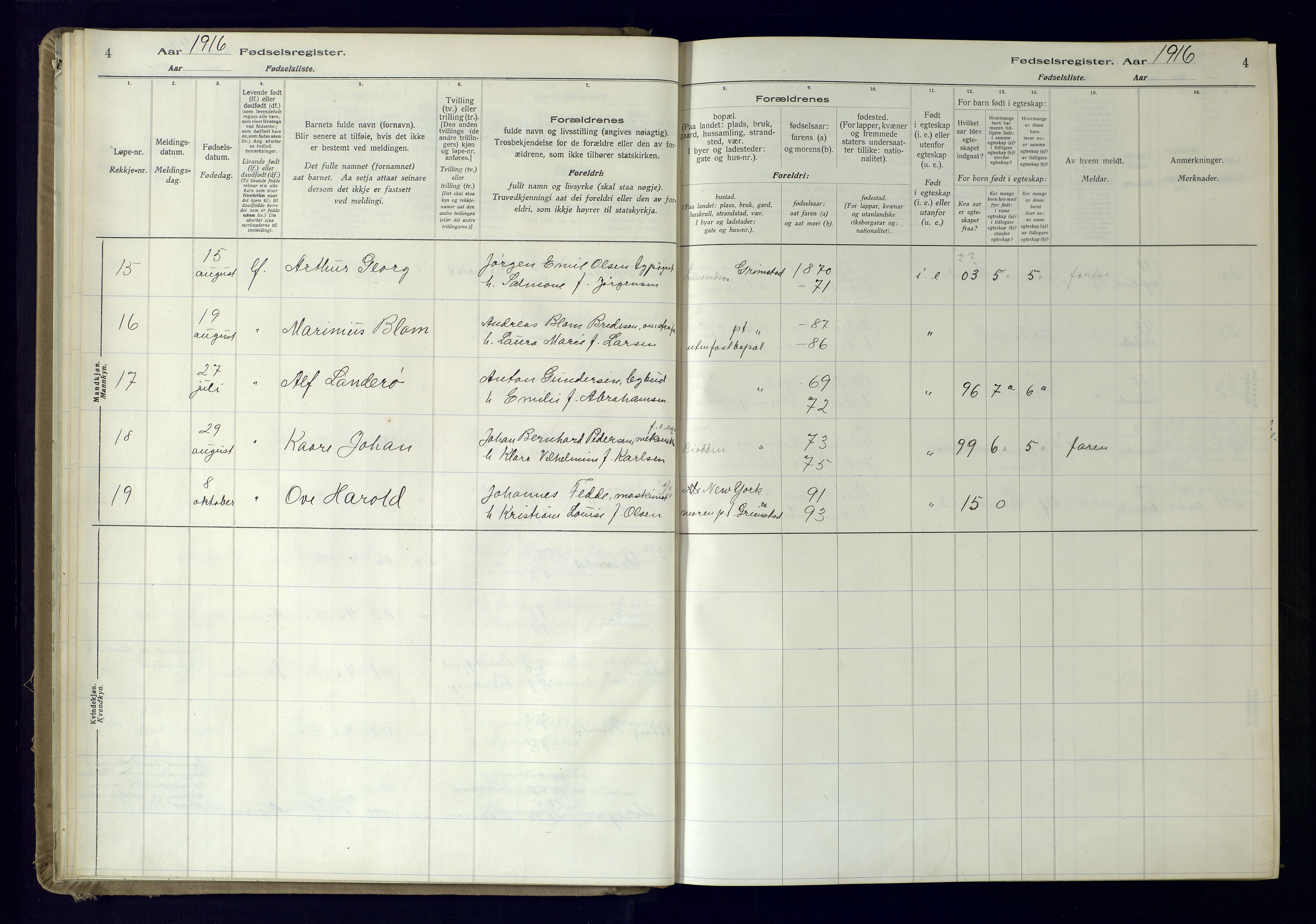 Grimstad sokneprestkontor, SAK/1111-0017/J/Ja/L0001: Birth register no. 1, 1916-1960, p. 4