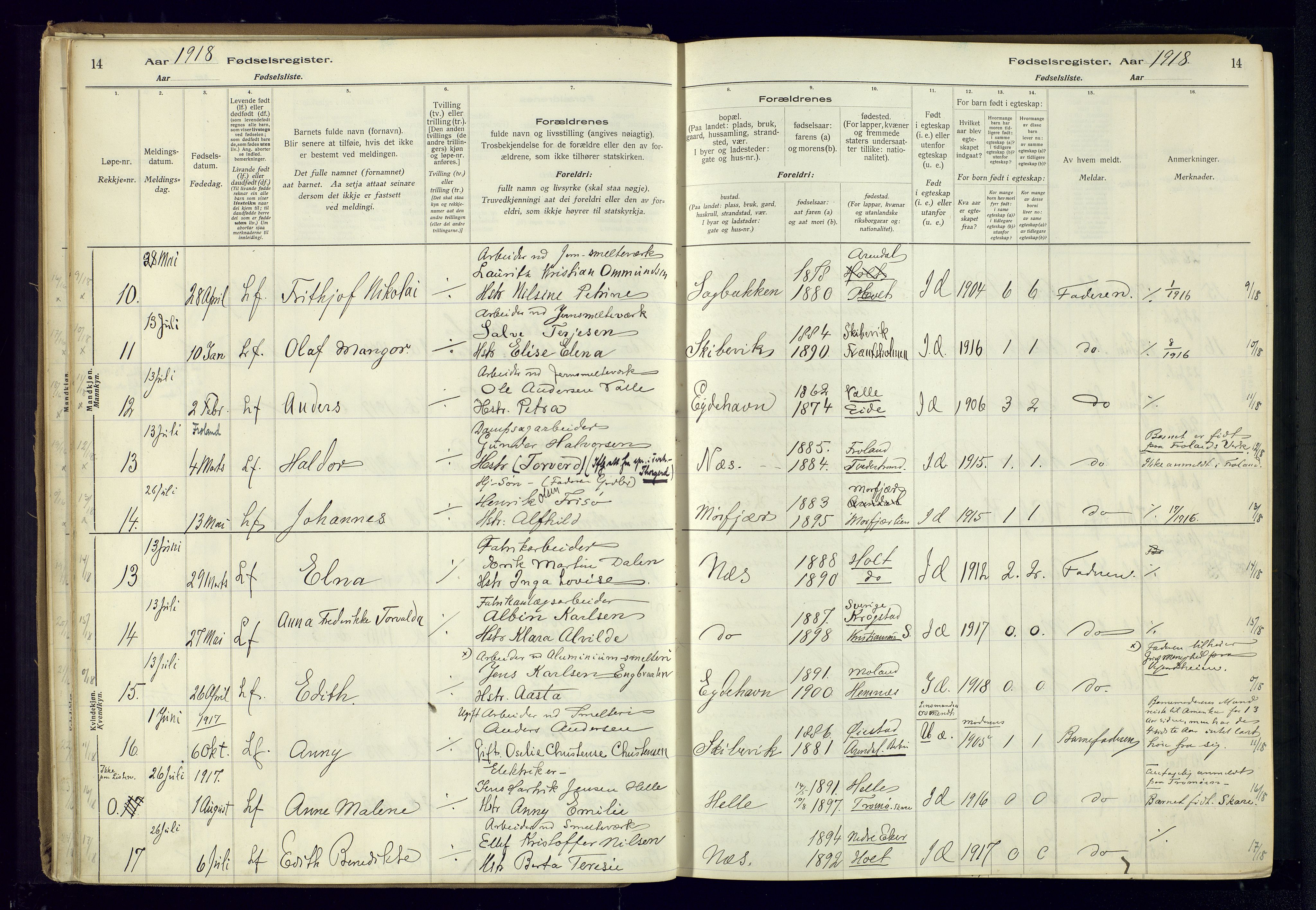 Austre Moland sokneprestkontor, AV/SAK-1111-0001/J/Ja/L0003: Birth register no. A-VI-27, 1916-1950, p. 14