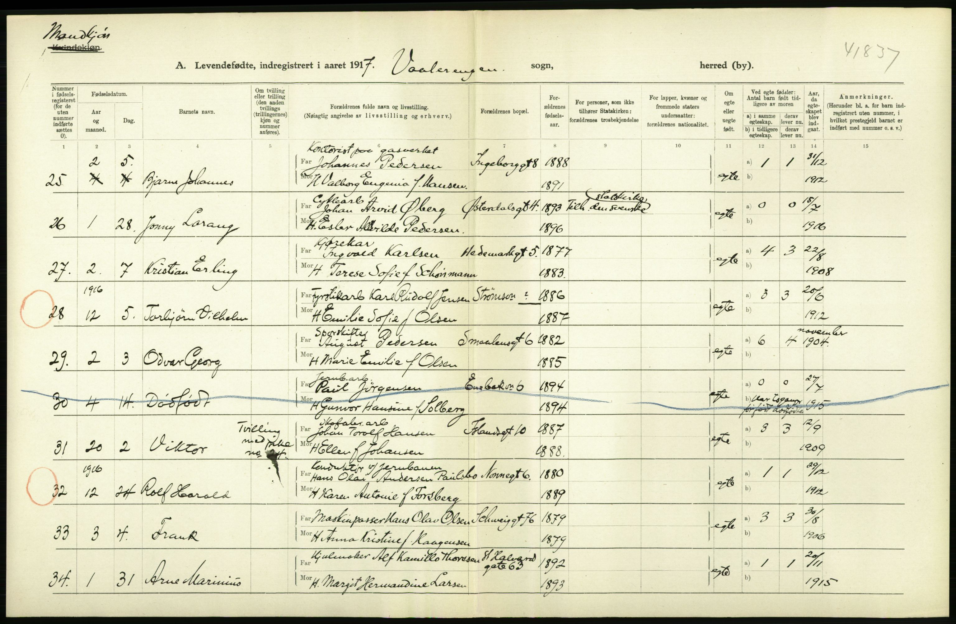 Statistisk sentralbyrå, Sosiodemografiske emner, Befolkning, RA/S-2228/D/Df/Dfb/Dfbg/L0006: Kristiania: Levendefødte menn og kvinner., 1917, p. 322