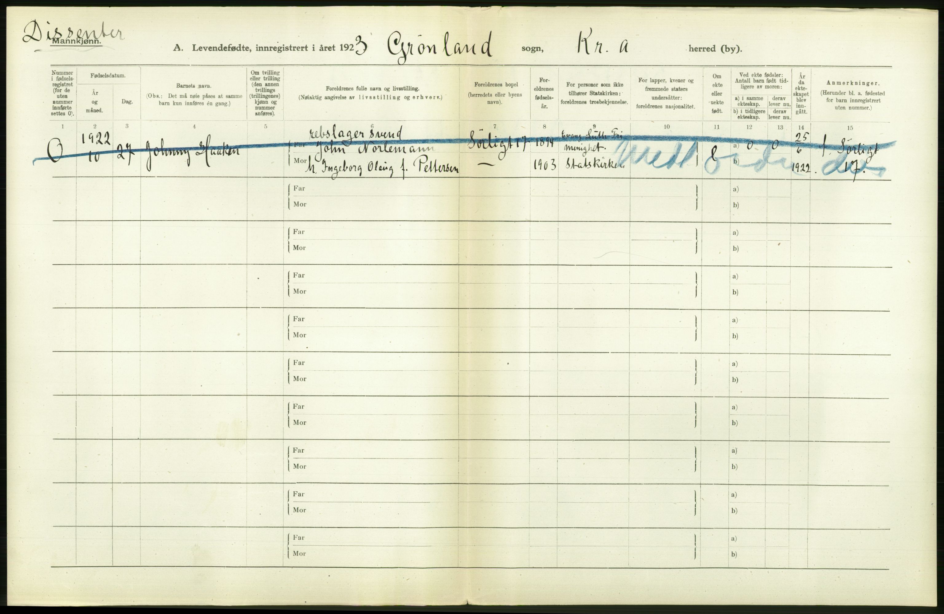 Statistisk sentralbyrå, Sosiodemografiske emner, Befolkning, AV/RA-S-2228/D/Df/Dfc/Dfcc/L0006: Kristiania: Levendefødte menn og kvinner., 1923, p. 184