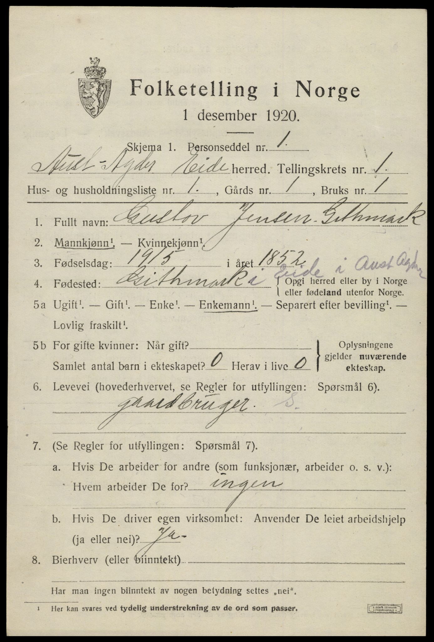 SAK, 1920 census for Eide, 1920, p. 328