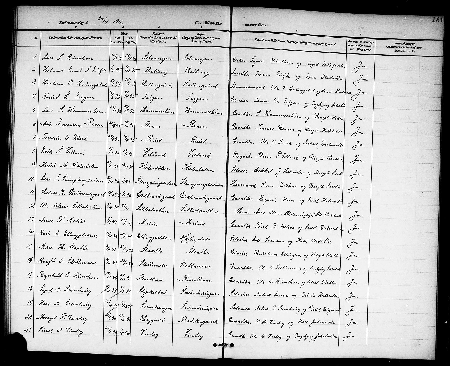 Hol kirkebøker, AV/SAKO-A-227/G/Ga/L0001: Parish register (copy) no. I 1, 1900-1919, p. 131