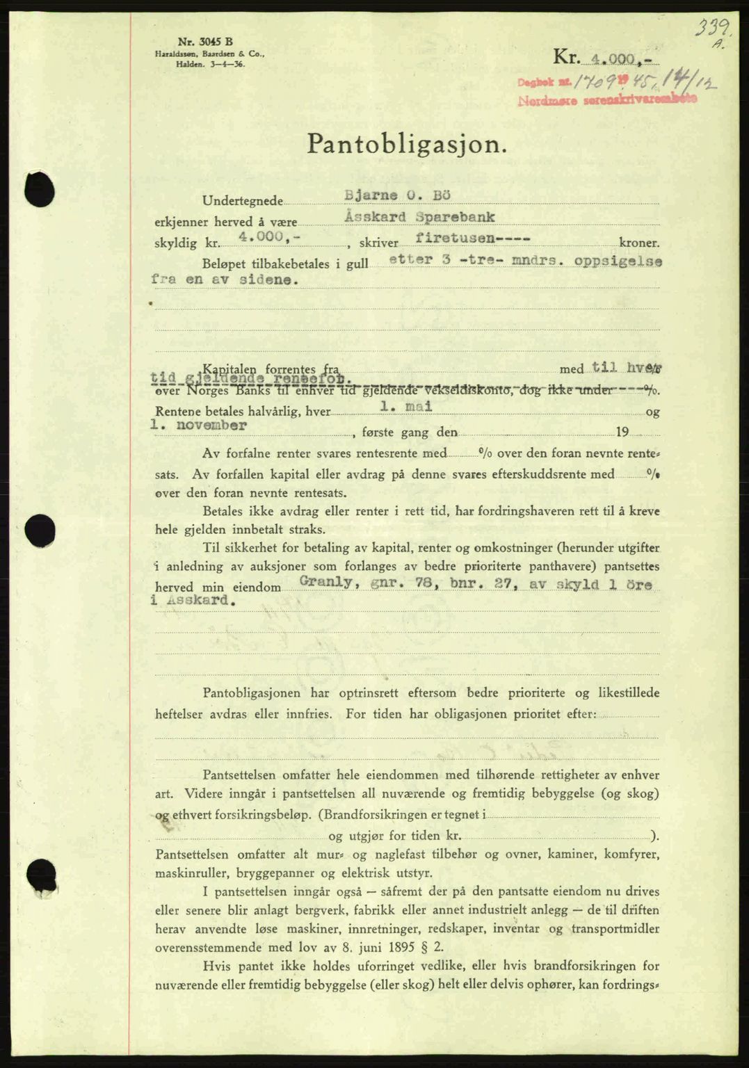 Nordmøre sorenskriveri, AV/SAT-A-4132/1/2/2Ca: Mortgage book no. B93a, 1945-1945, Diary no: : 1709/1945