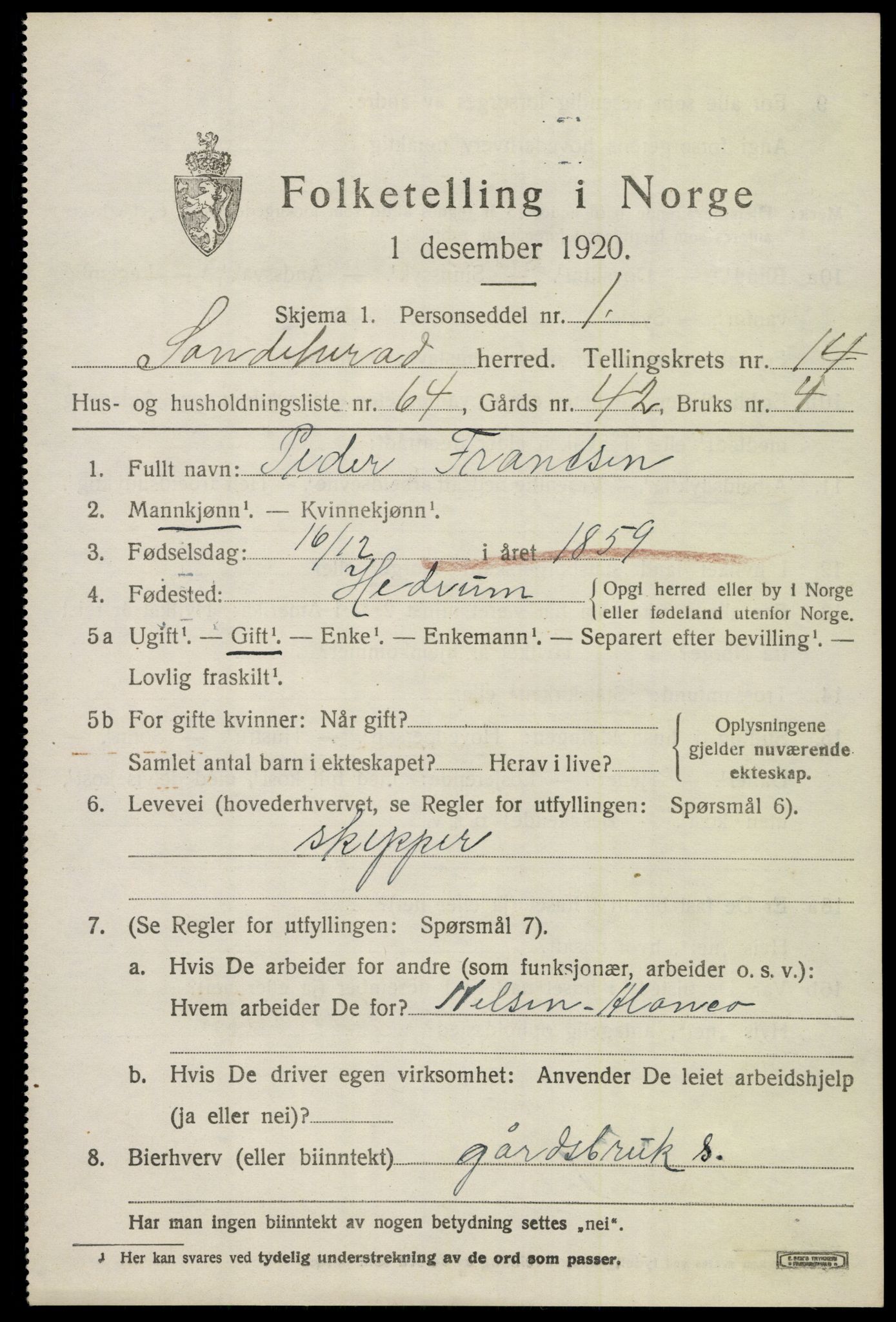 SAKO, 1920 census for Sandeherred, 1920, p. 21136