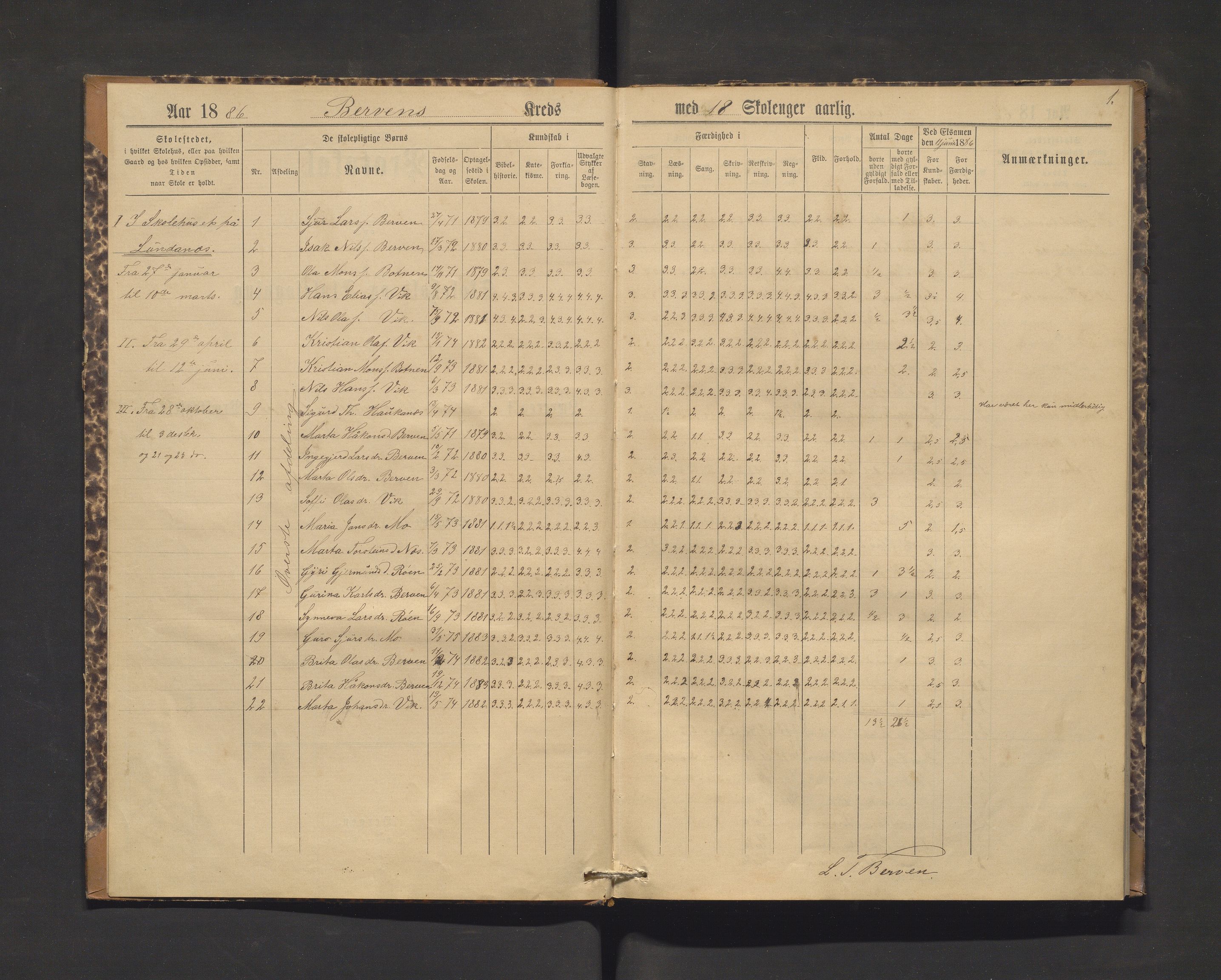 Kvam herad. Barneskulane, IKAH/1238-231/F/Fa/L0016: Skuleprotokoll for Børve og Soldal krinsar, 1886-1892