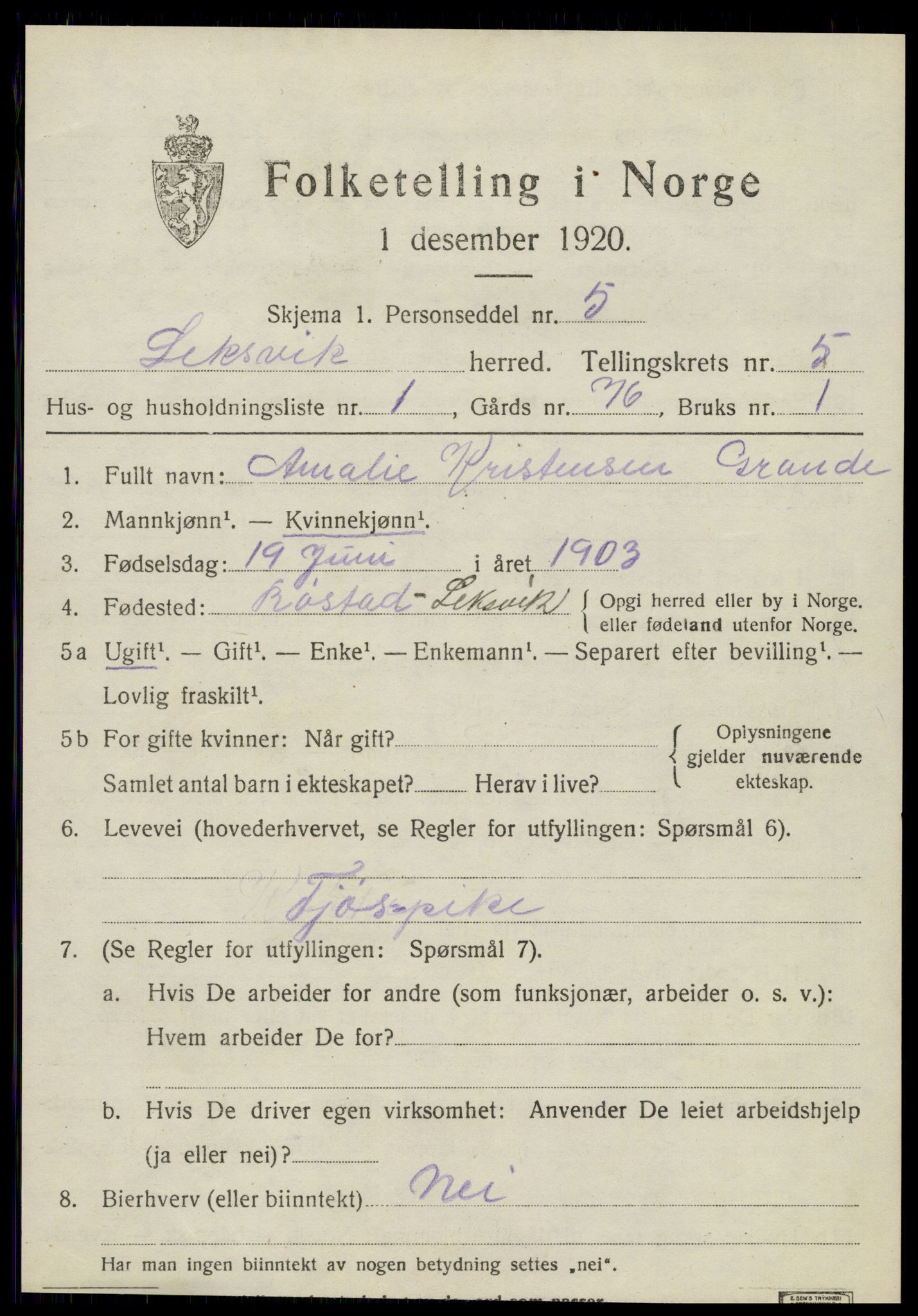 SAT, 1920 census for Leksvik, 1920, p. 4824