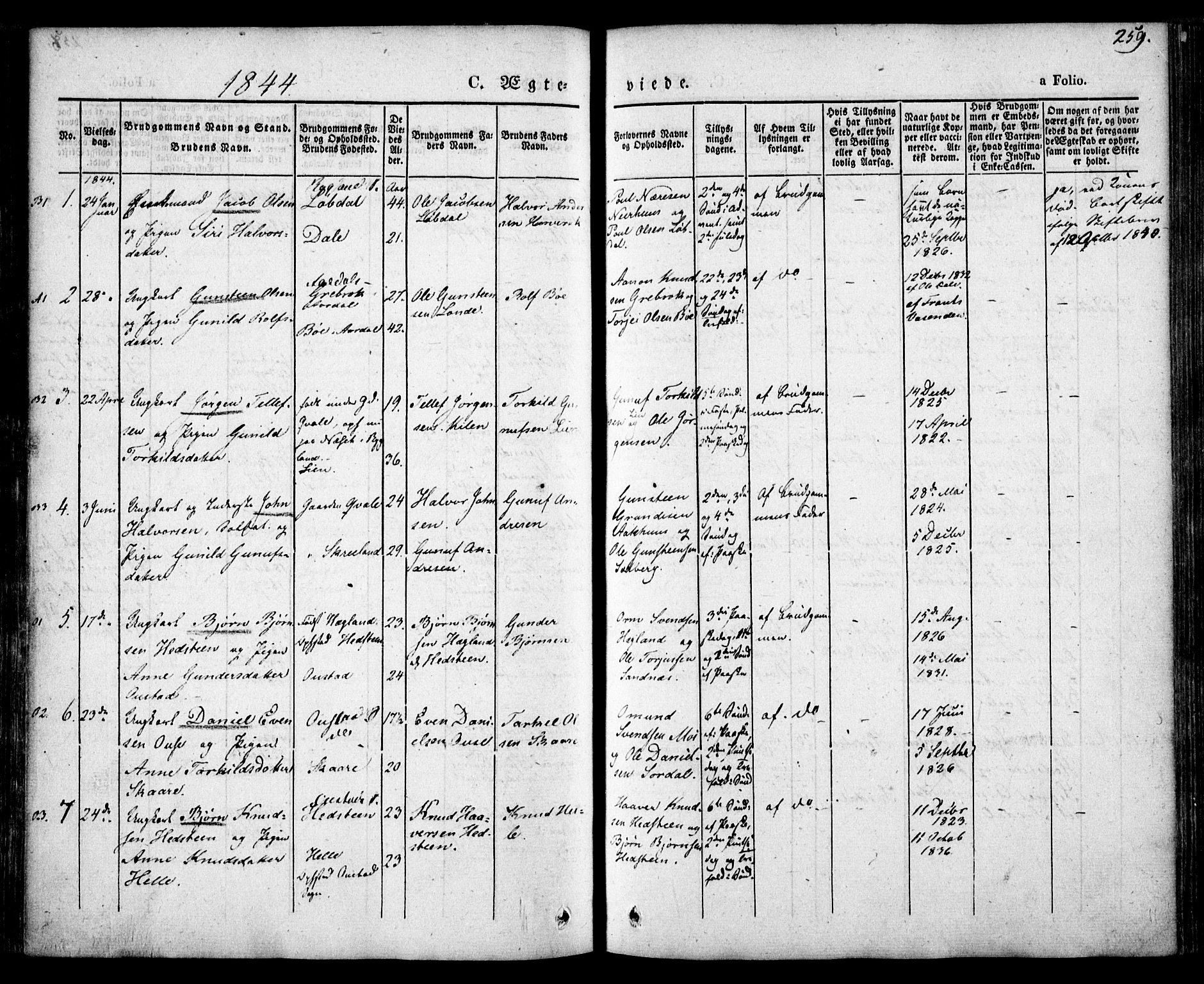 Bygland sokneprestkontor, SAK/1111-0006/F/Fa/Fab/L0004: Parish register (official) no. A 4, 1842-1858, p. 259