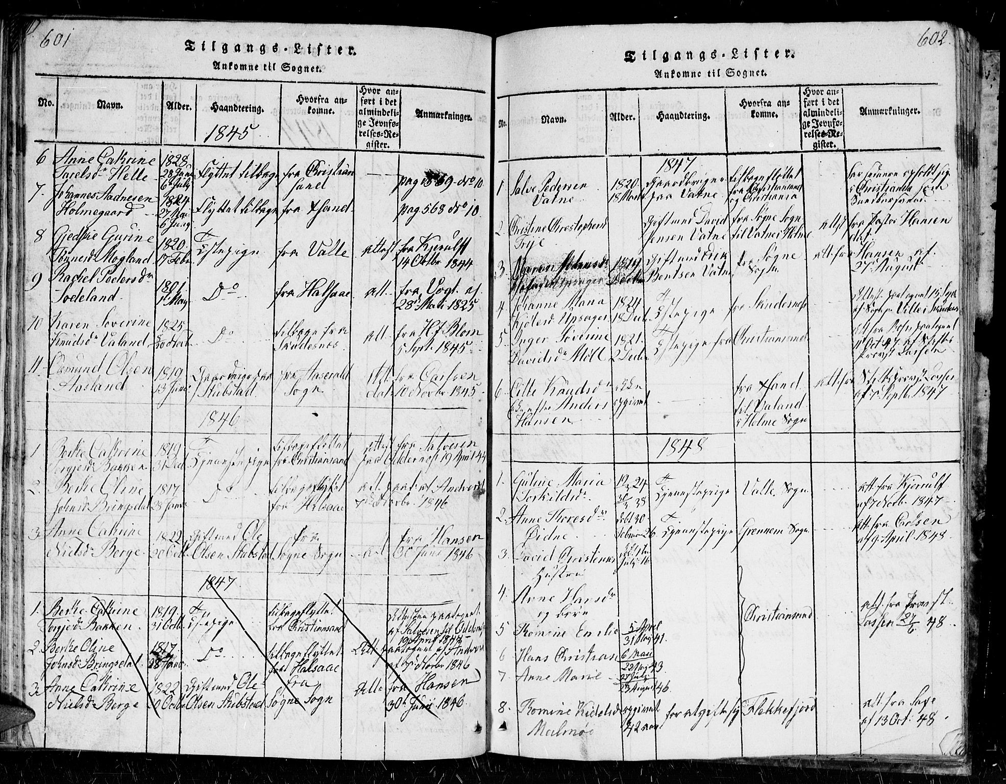 Holum sokneprestkontor, SAK/1111-0022/F/Fb/Fba/L0002: Parish register (copy) no. B 2, 1820-1849, p. 601-602