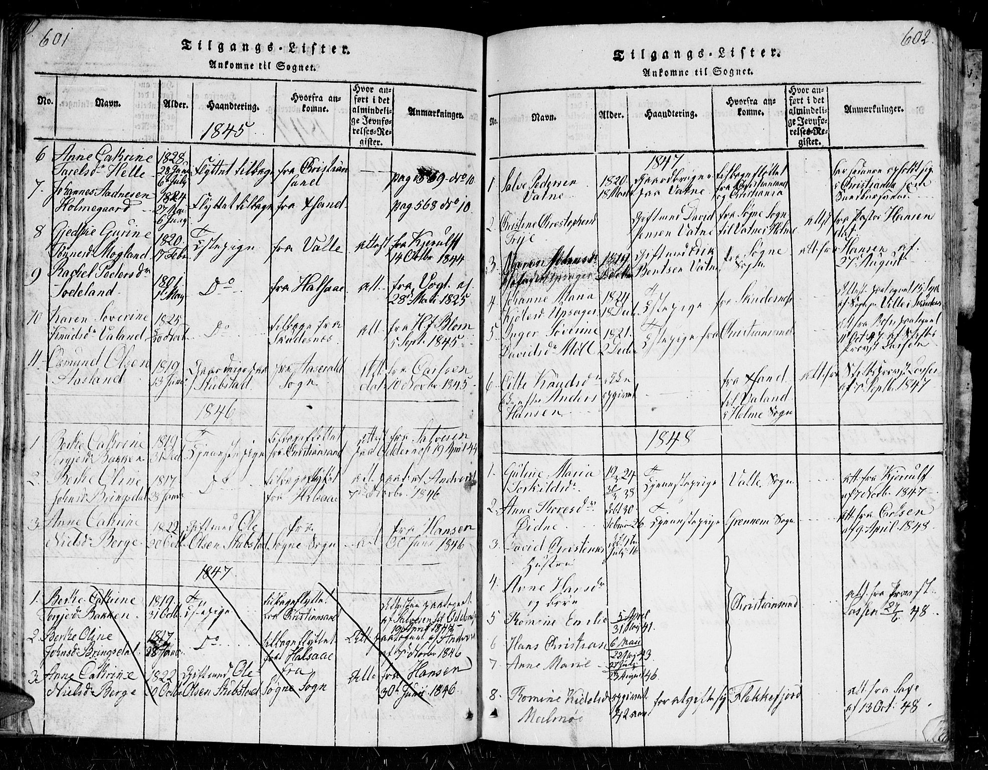 Holum sokneprestkontor, AV/SAK-1111-0022/F/Fb/Fba/L0002: Parish register (copy) no. B 2, 1820-1849, p. 601-602