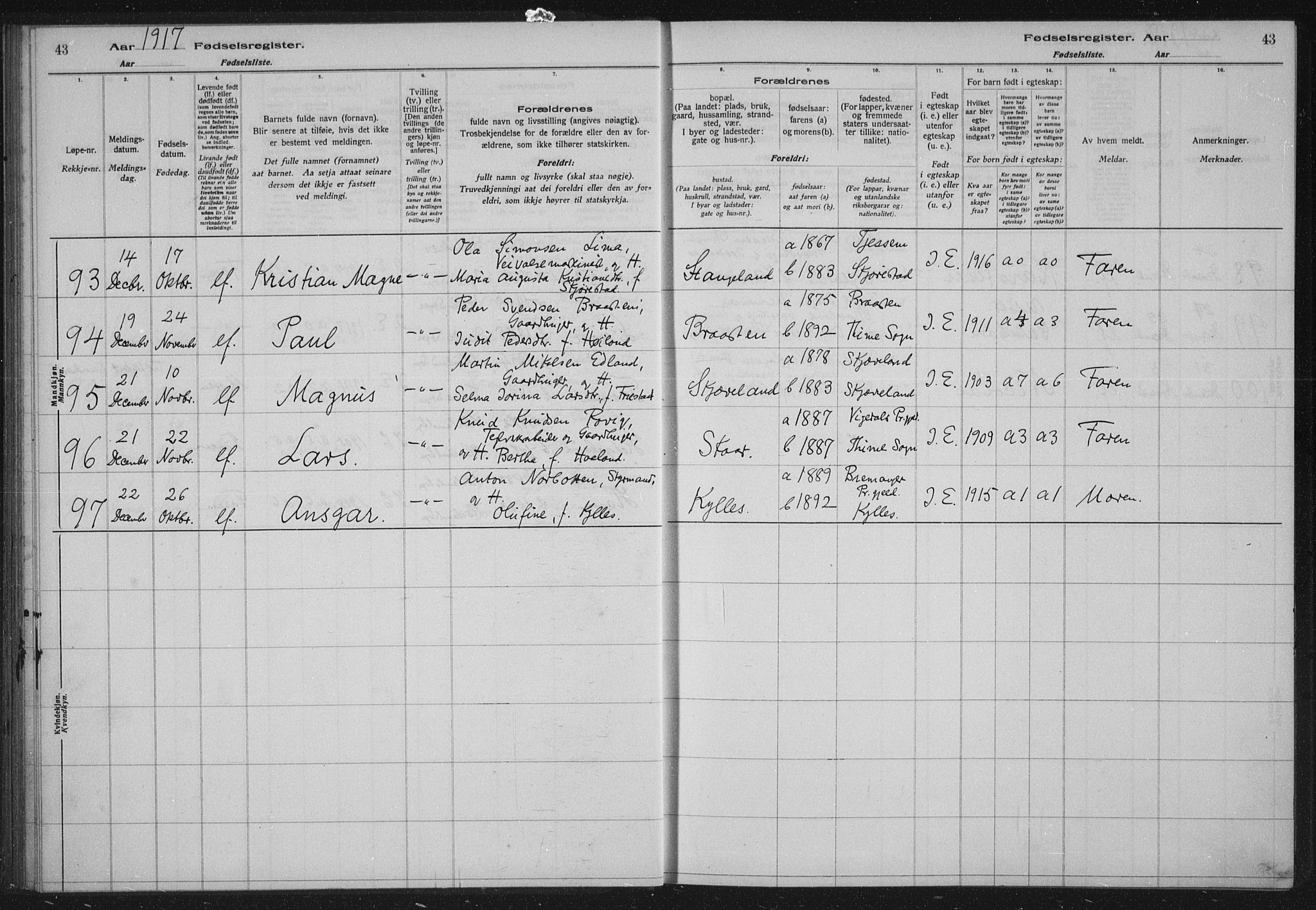 Høyland sokneprestkontor, AV/SAST-A-101799/002/O/L0001: Birth register no. 1, 1916-1924, p. 43