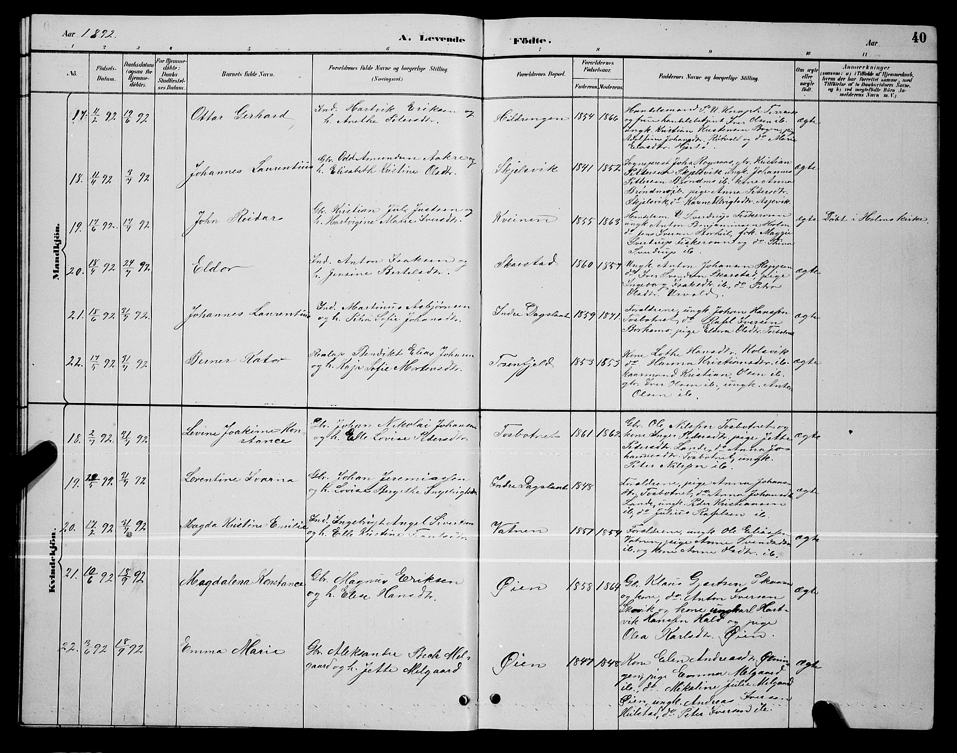 Ministerialprotokoller, klokkerbøker og fødselsregistre - Nordland, AV/SAT-A-1459/810/L0160: Parish register (copy) no. 810C03, 1884-1896, p. 40