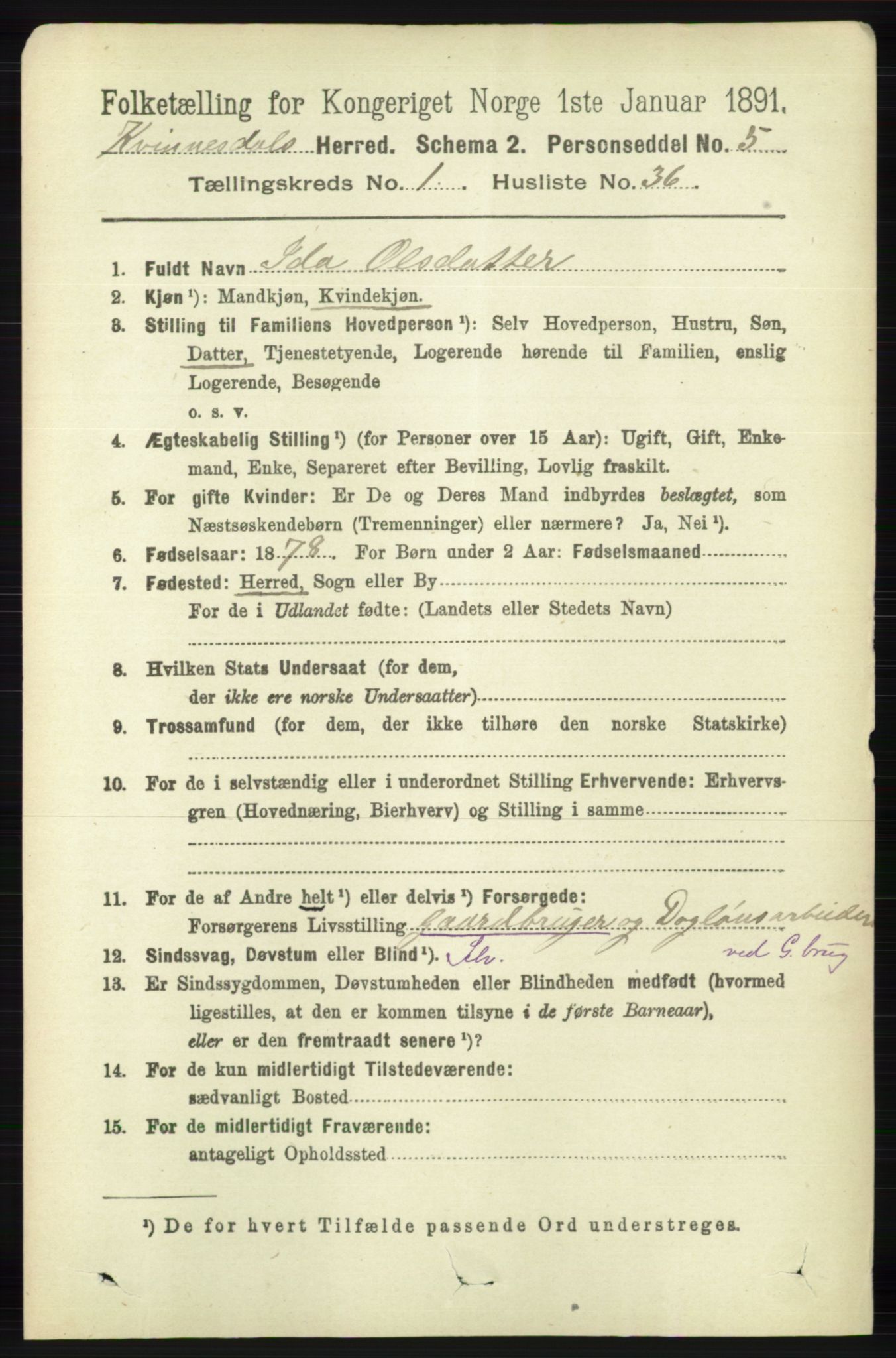 RA, 1891 census for 1037 Kvinesdal, 1891, p. 252