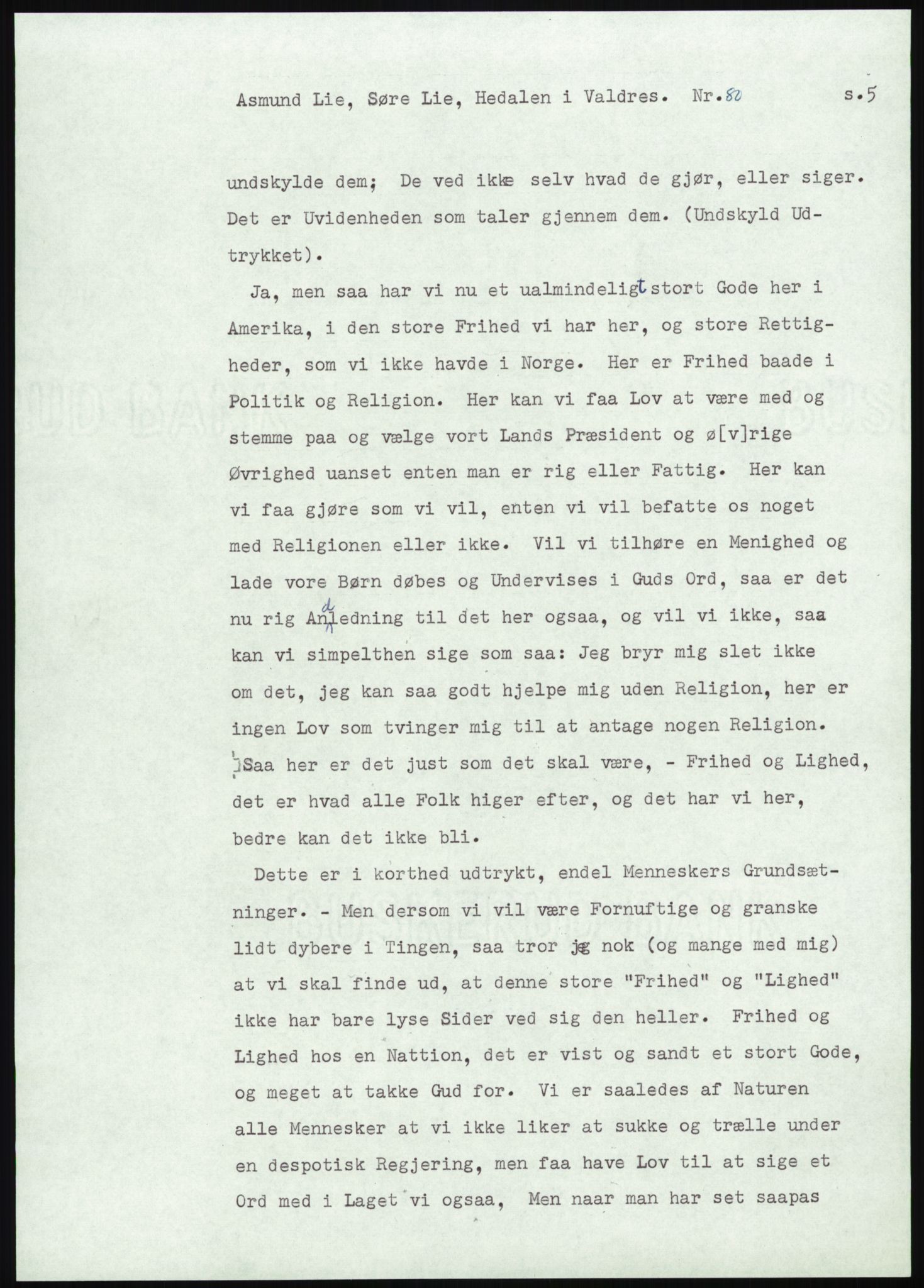 Samlinger til kildeutgivelse, Amerikabrevene, AV/RA-EA-4057/F/L0013: Innlån fra Oppland: Lie (brevnr 79-115) - Nordrum, 1838-1914, p. 23