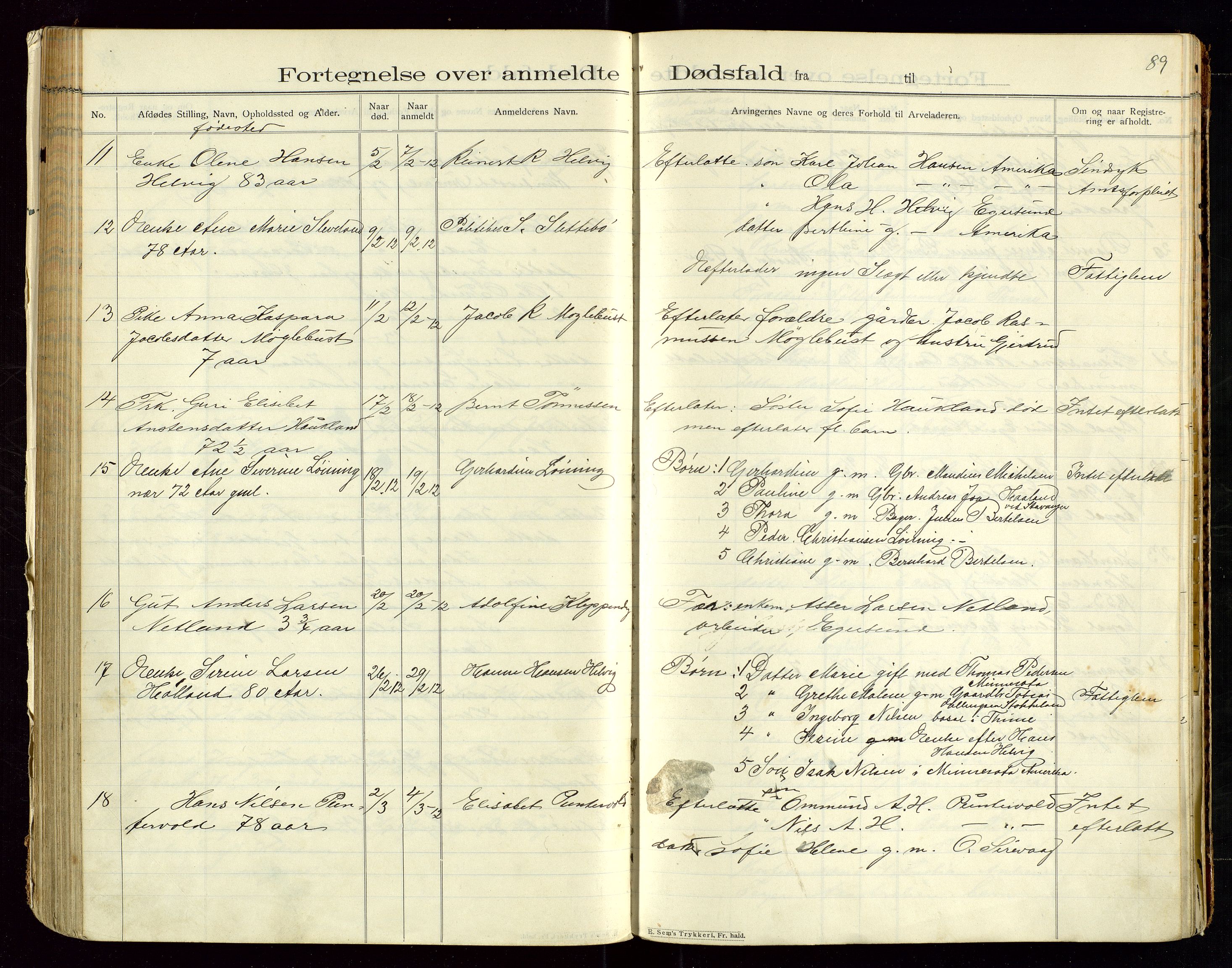 Eigersund lensmannskontor, SAST/A-100171/Gga/L0005: "Dødsfalds-Protokol" m/alfabetisk navneregister, 1905-1913, p. 89
