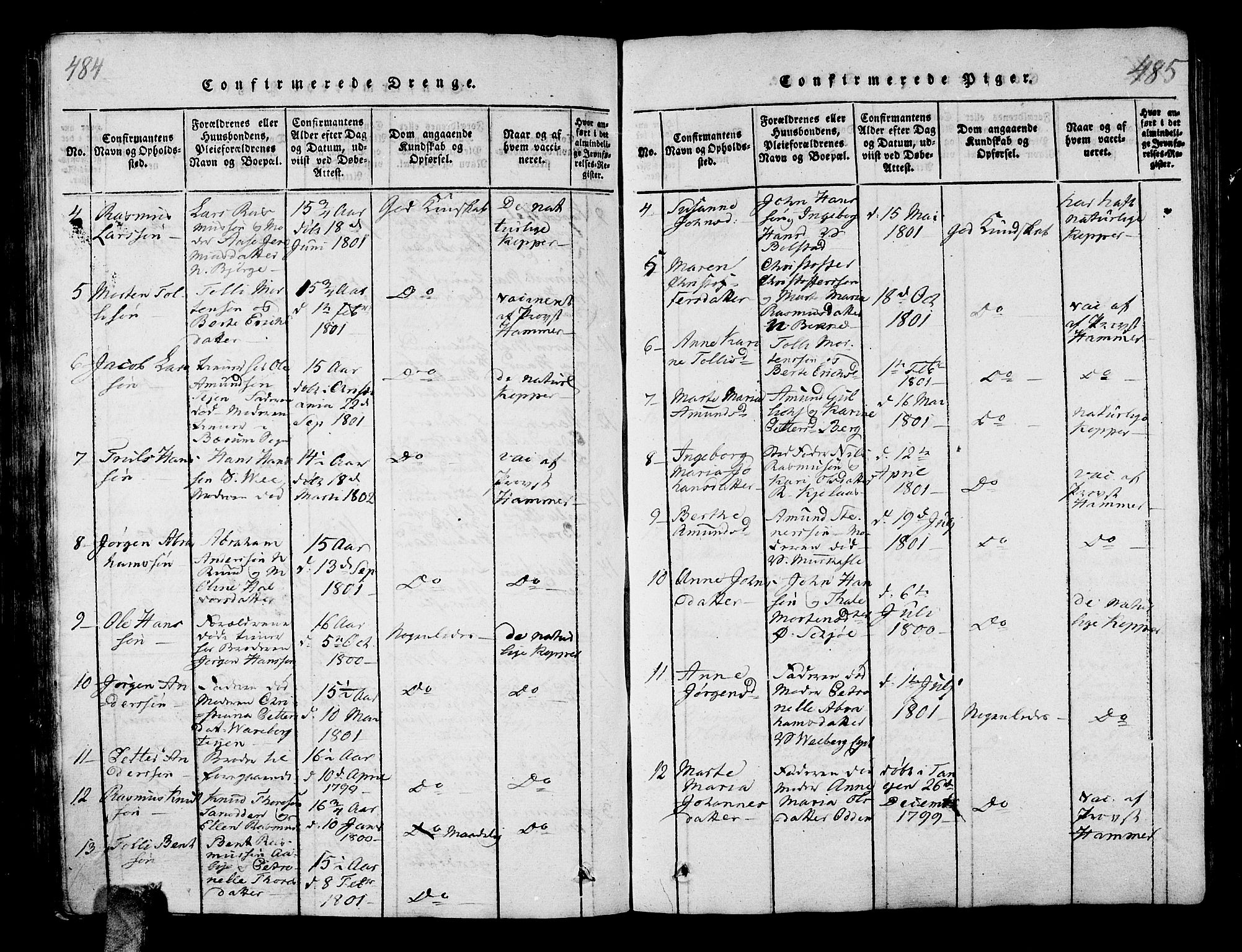 Sande Kirkebøker, AV/SAKO-A-53/G/Ga/L0001: Parish register (copy) no. 1, 1814-1847, p. 484-485