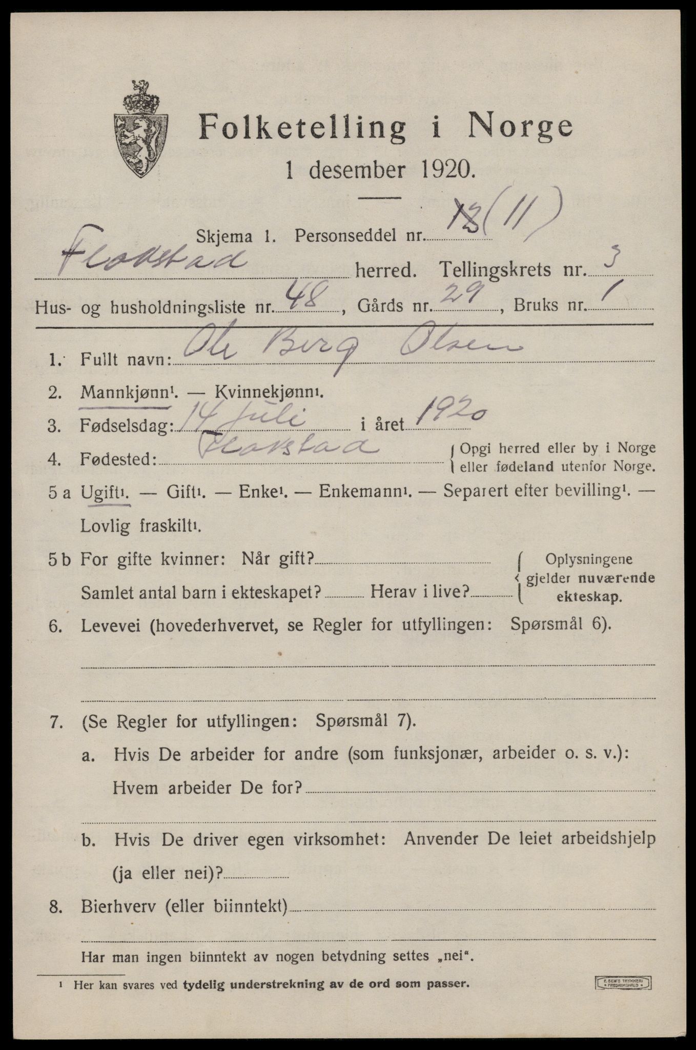 SAT, 1920 census for Flakstad, 1920, p. 2803