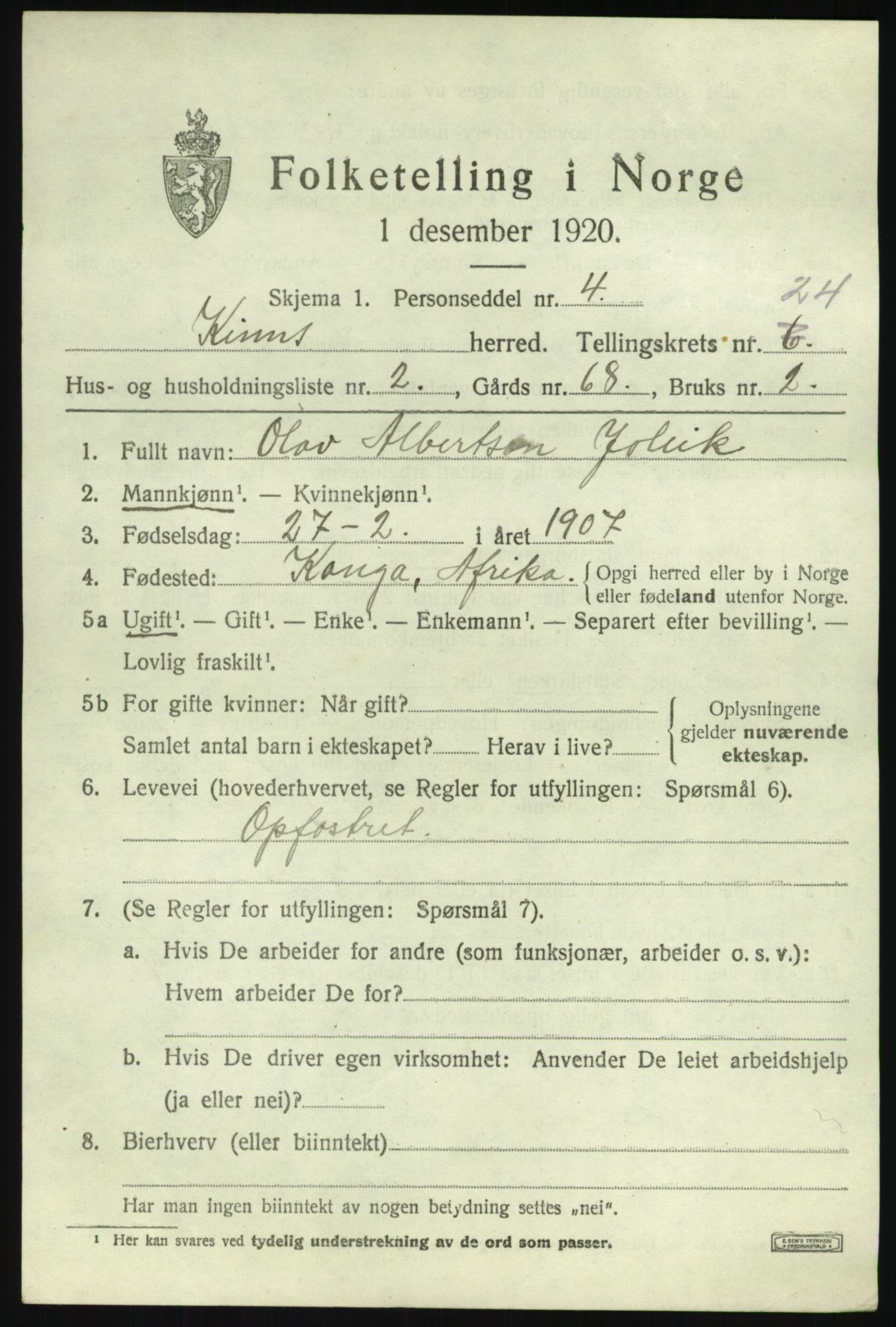 SAB, 1920 census for Kinn, 1920, p. 8415