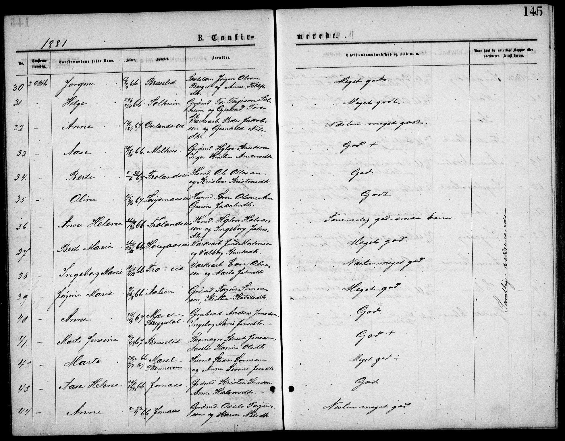 Froland sokneprestkontor, AV/SAK-1111-0013/F/Fb/L0009: Parish register (copy) no. B 9, 1875-1893, p. 145