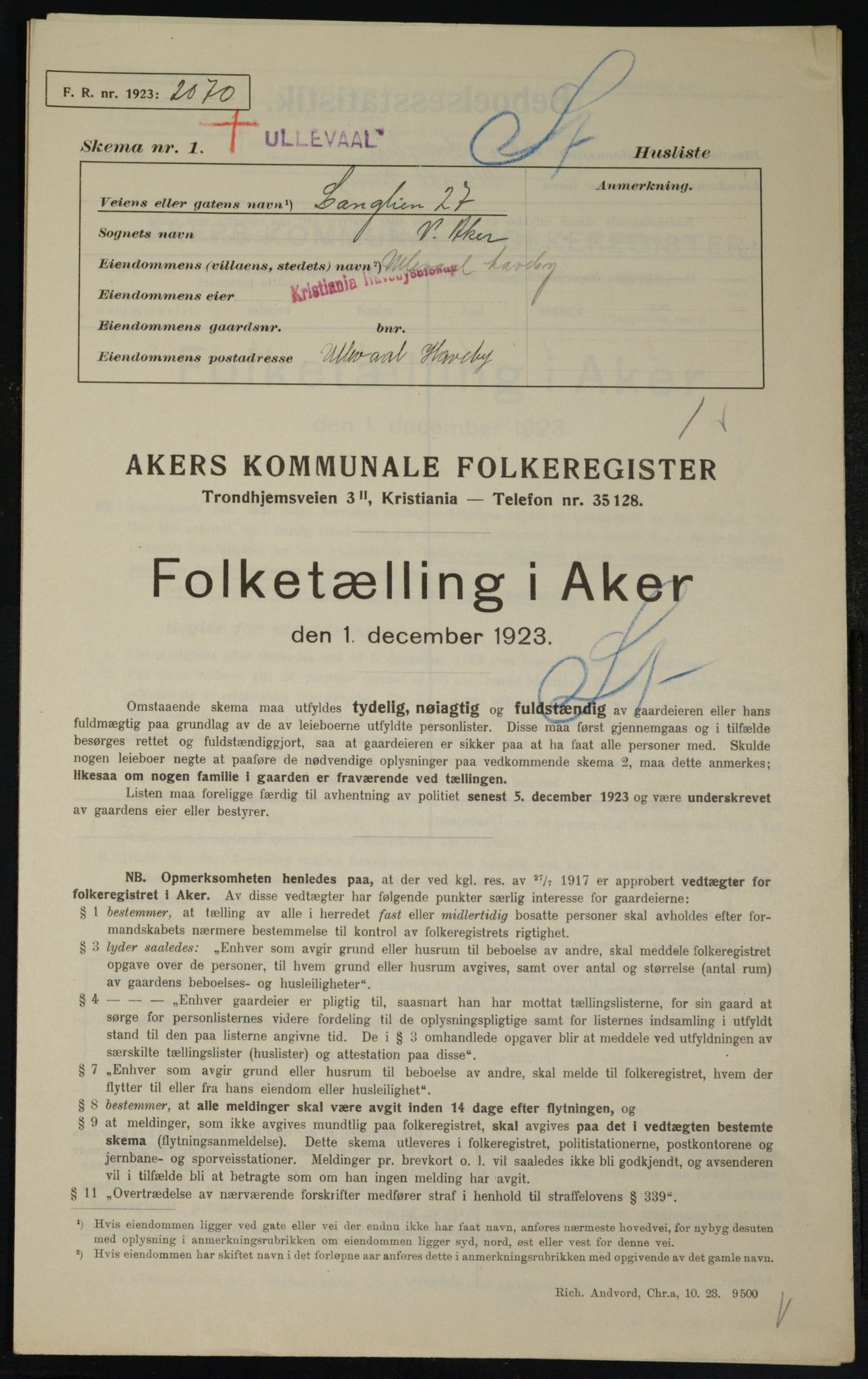 , Municipal Census 1923 for Aker, 1923, p. 21353