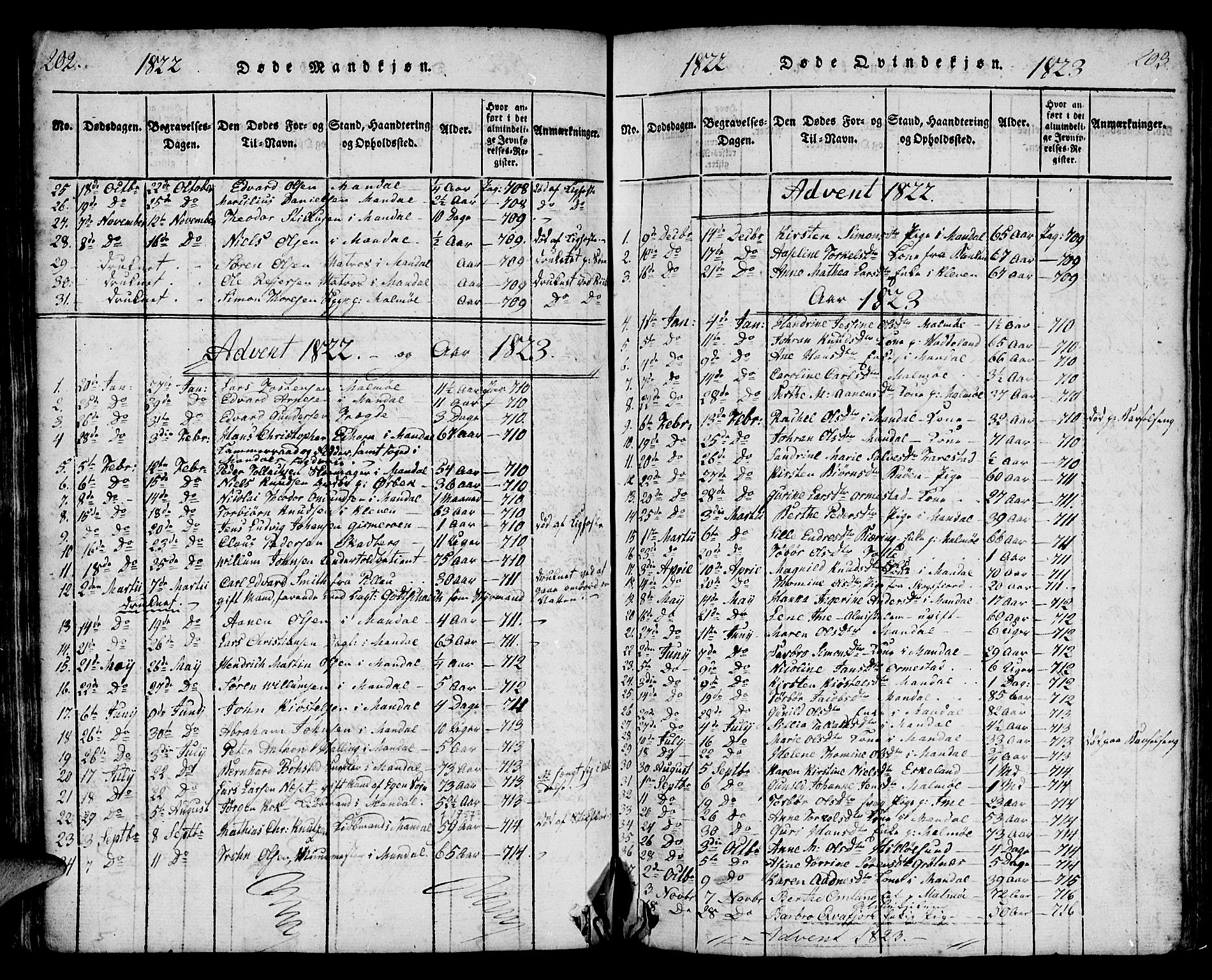 Mandal sokneprestkontor, AV/SAK-1111-0030/F/Fa/Faa/L0010: Parish register (official) no. A 10, 1817-1830, p. 202-203
