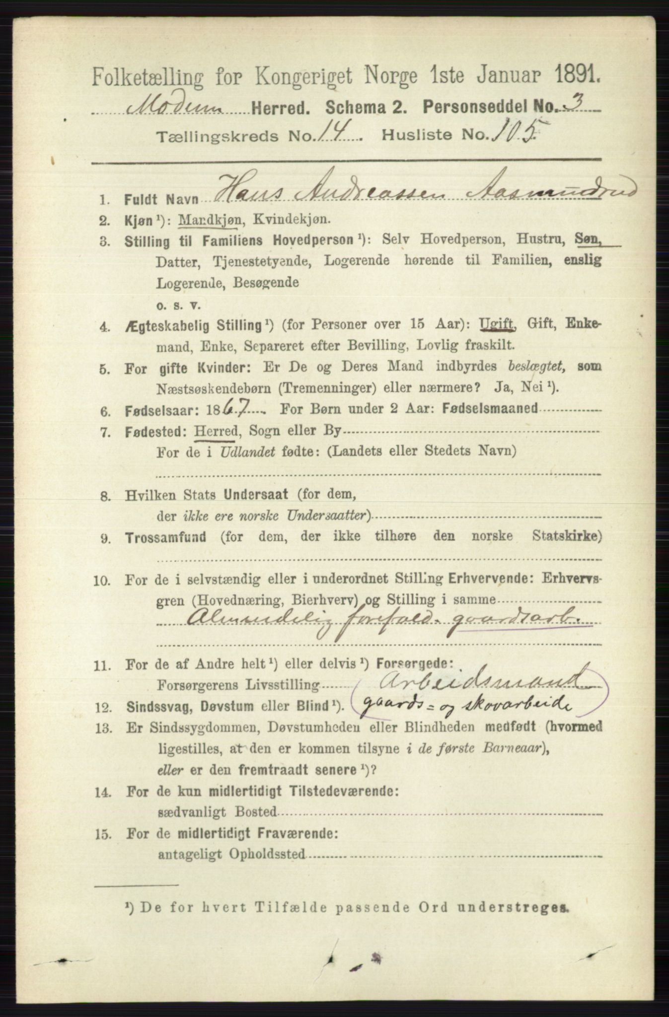 RA, 1891 census for 0623 Modum, 1891, p. 6104