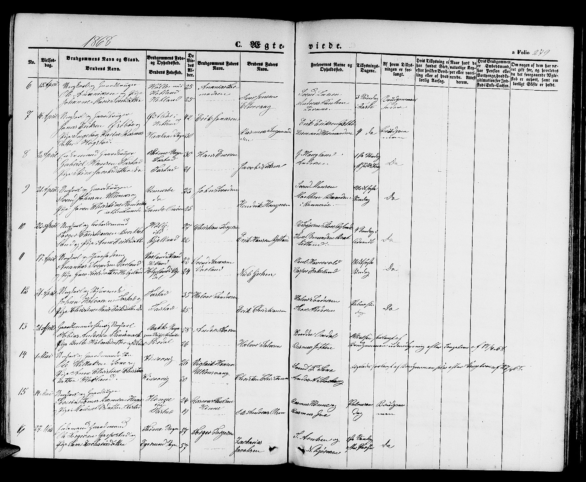 Hetland sokneprestkontor, SAST/A-101826/30/30BB/L0003: Parish register (copy) no. B 3, 1863-1877, p. 279