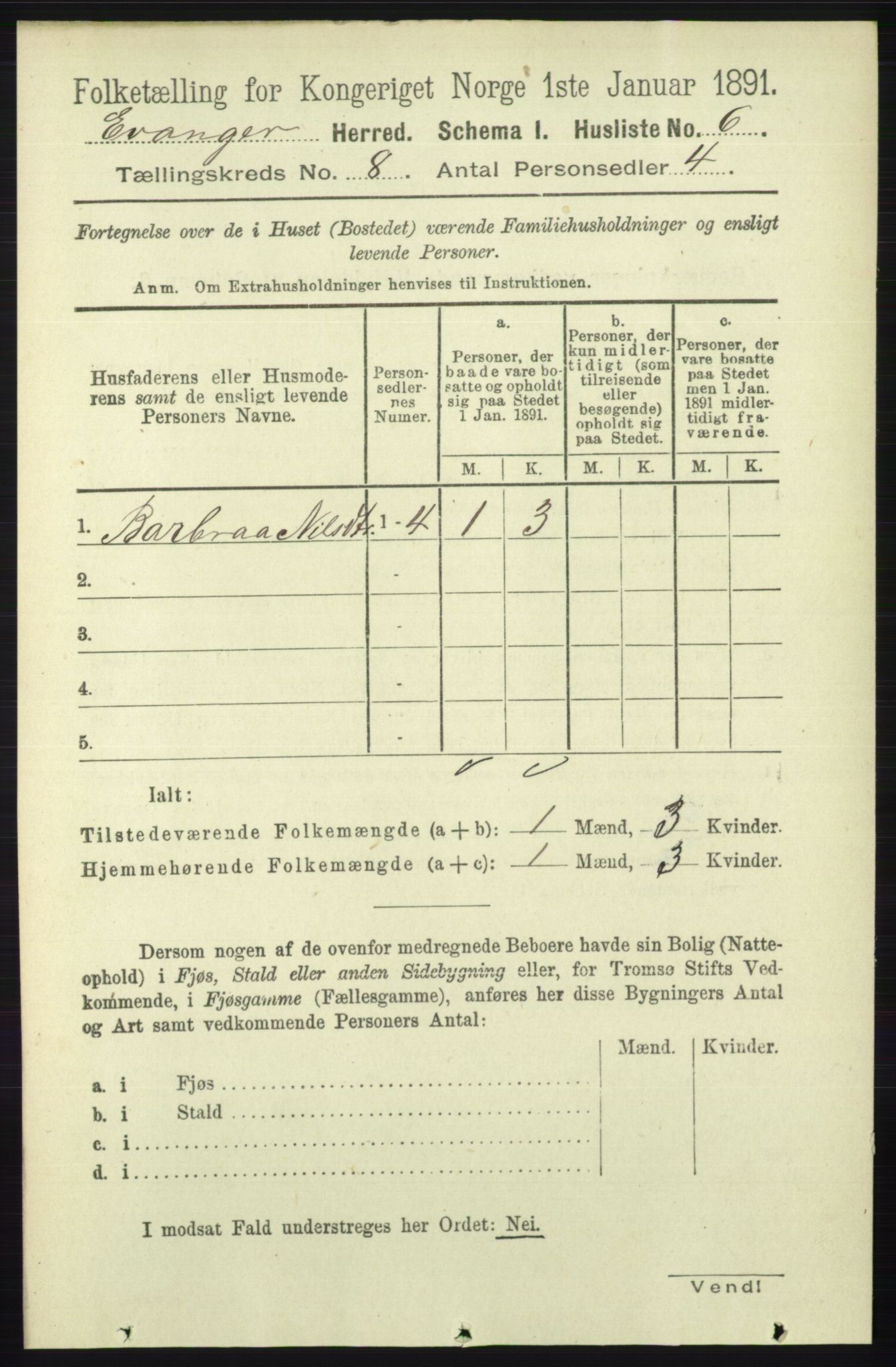 RA, 1891 census for 1237 Evanger, 1891, p. 2252