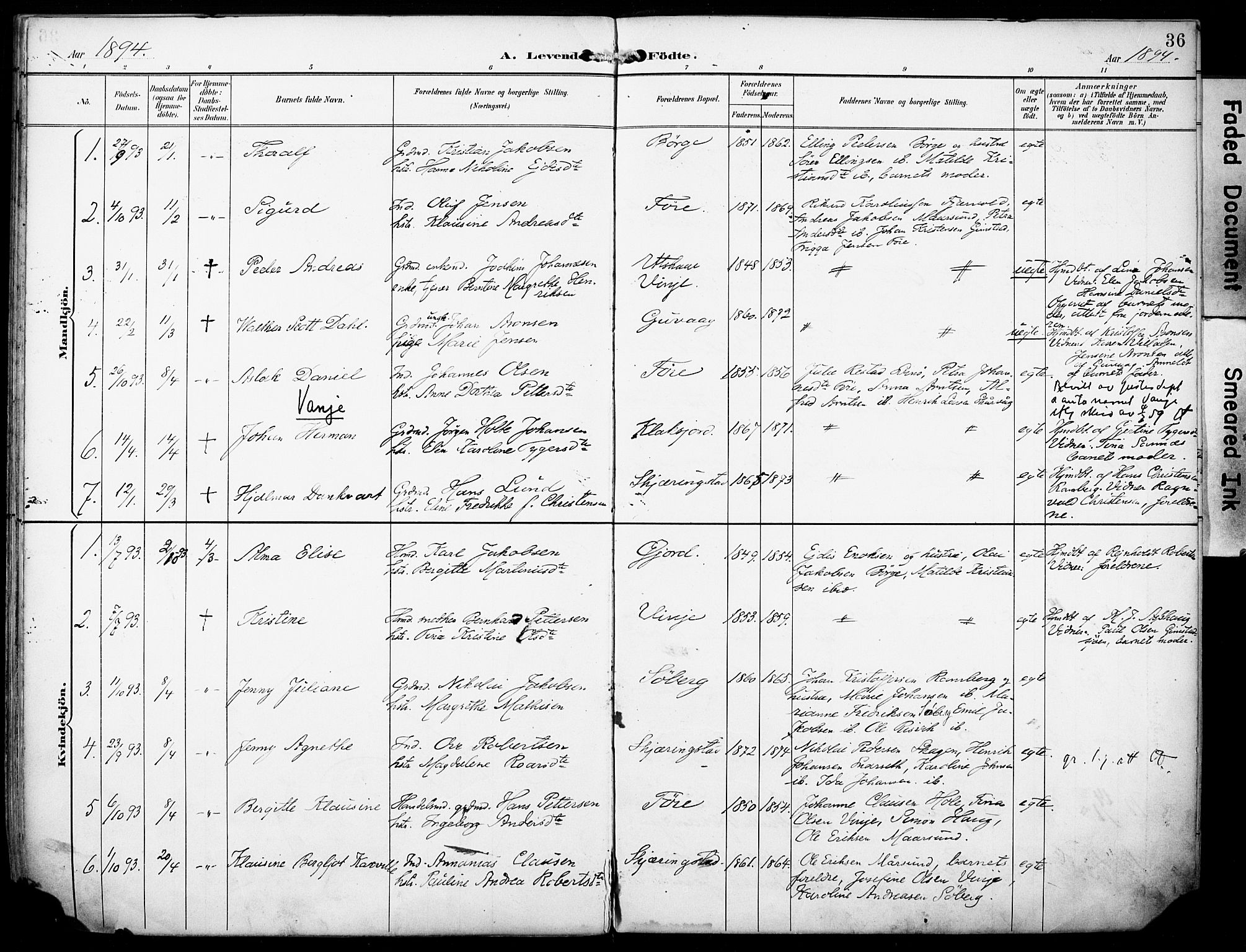 Ministerialprotokoller, klokkerbøker og fødselsregistre - Nordland, AV/SAT-A-1459/891/L1303: Parish register (official) no. 891A08, 1891-1894, p. 36