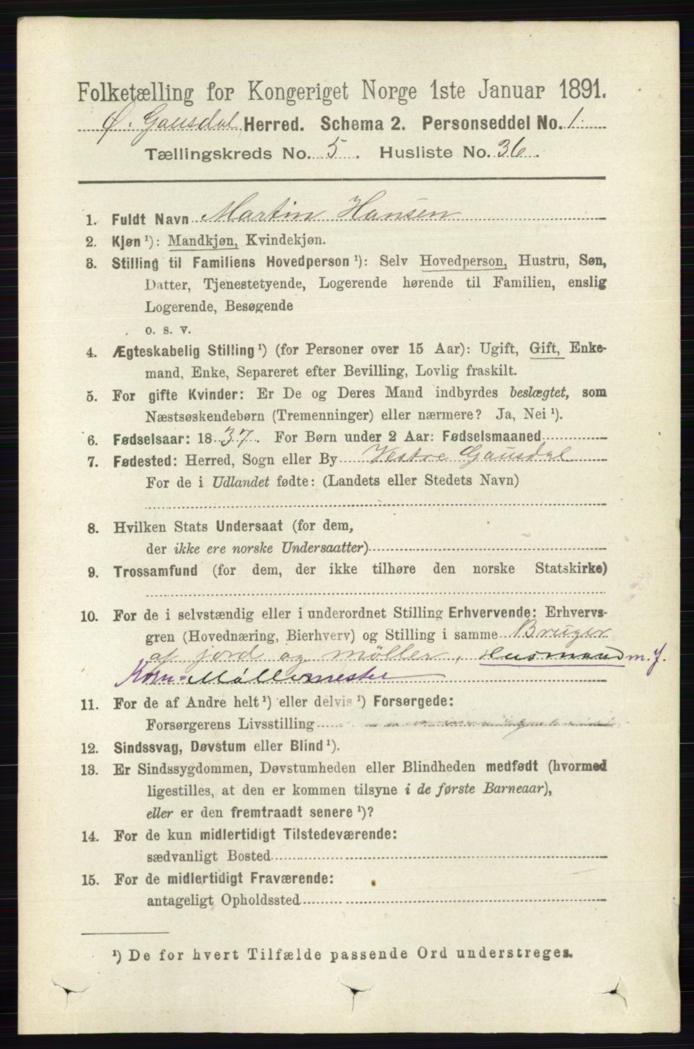 RA, 1891 census for 0522 Østre Gausdal, 1891, p. 3172