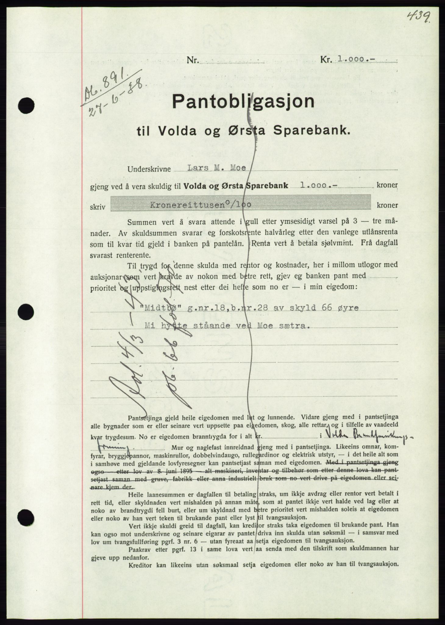 Søre Sunnmøre sorenskriveri, AV/SAT-A-4122/1/2/2C/L0065: Mortgage book no. 59, 1938-1938, Diary no: : 891/1938