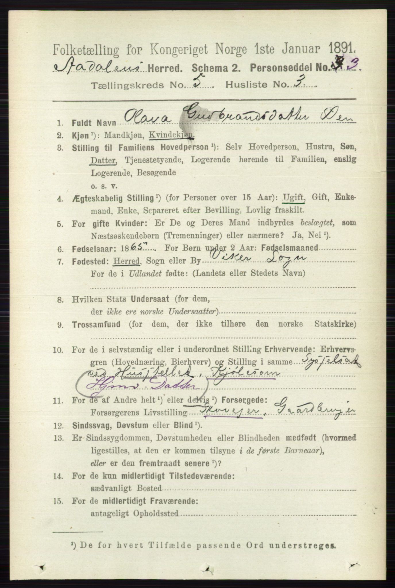 RA, 1891 census for 0614 Ådal, 1891, p. 2027