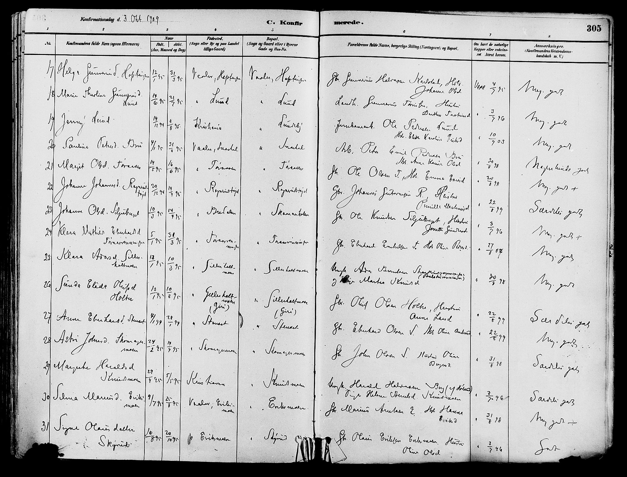 Våler prestekontor, Hedmark, AV/SAH-PREST-040/H/Ha/Haa/L0002: Parish register (official) no. 3, 1879-1911, p. 305