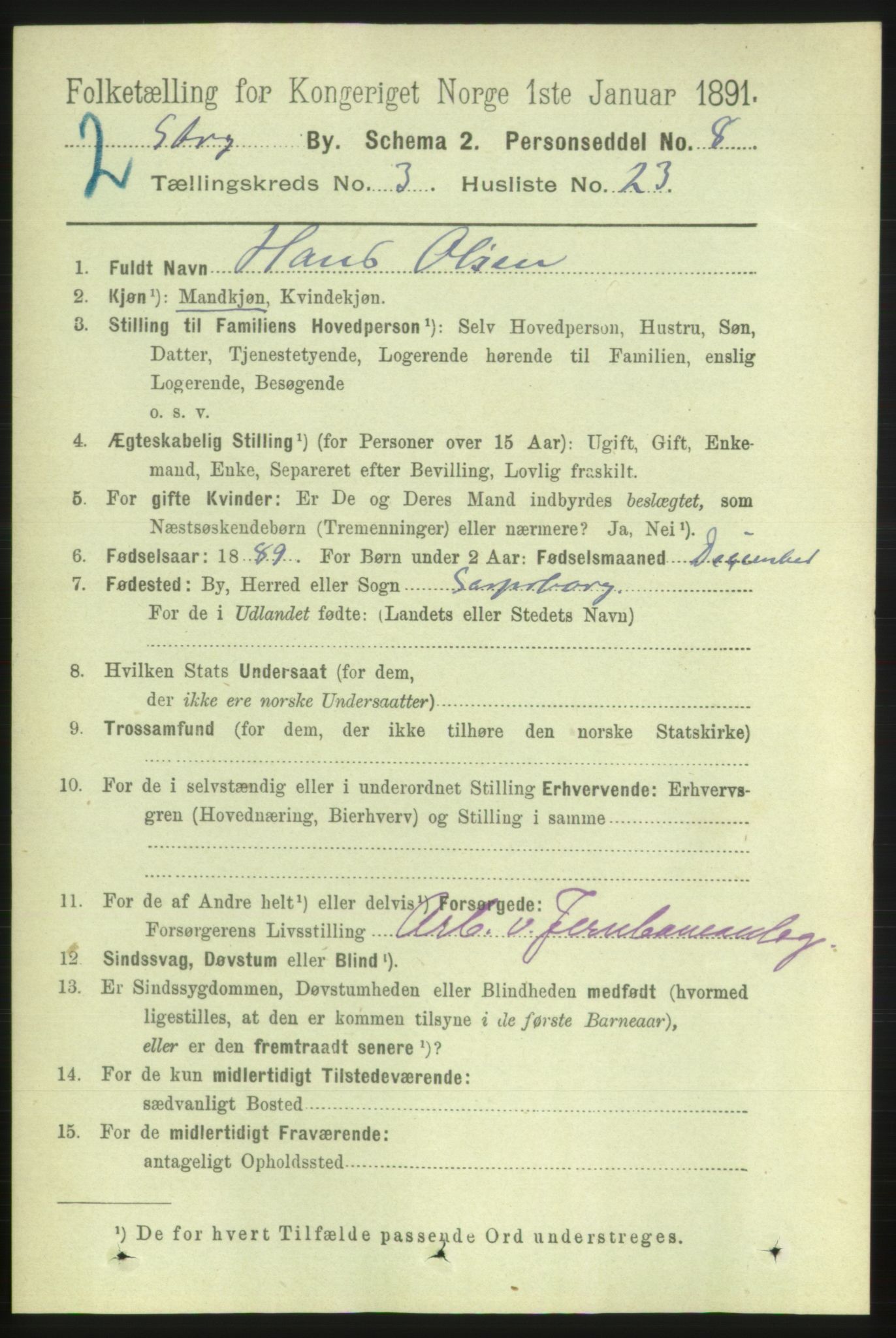 RA, 1891 census for 0102 Sarpsborg, 1891, p. 2665