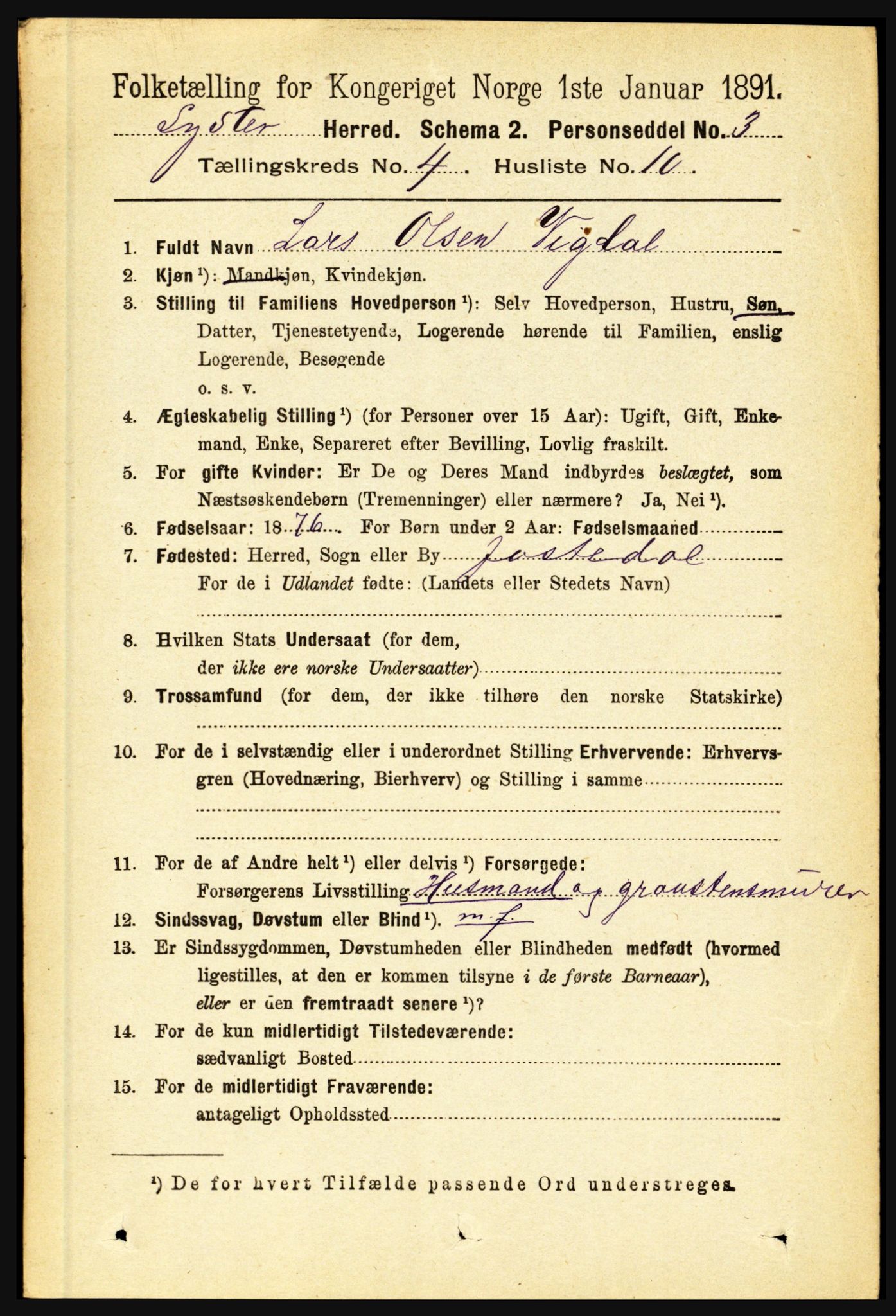 RA, 1891 census for 1426 Luster, 1891, p. 1473