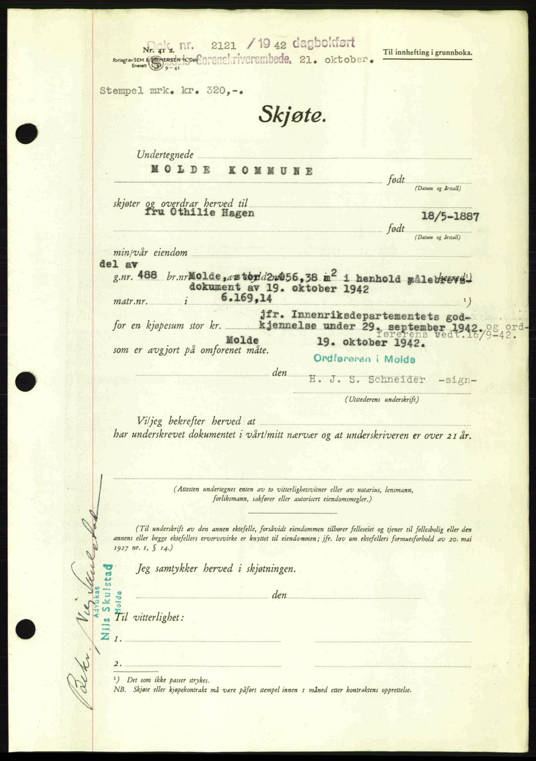 Romsdal sorenskriveri, AV/SAT-A-4149/1/2/2C: Mortgage book no. A13, 1942-1943, Diary no: : 2121/1942