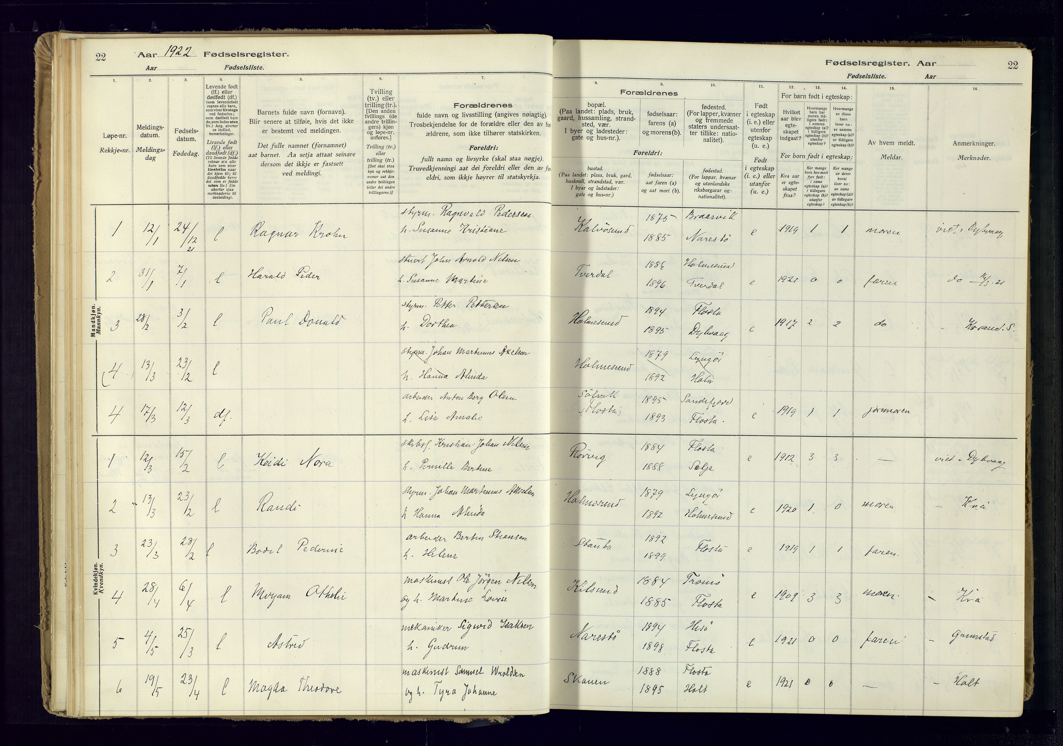 Austre Moland sokneprestkontor, SAK/1111-0001/J/Ja/L0005: Birth register no. A-VI-29, 1916-1982, p. 22