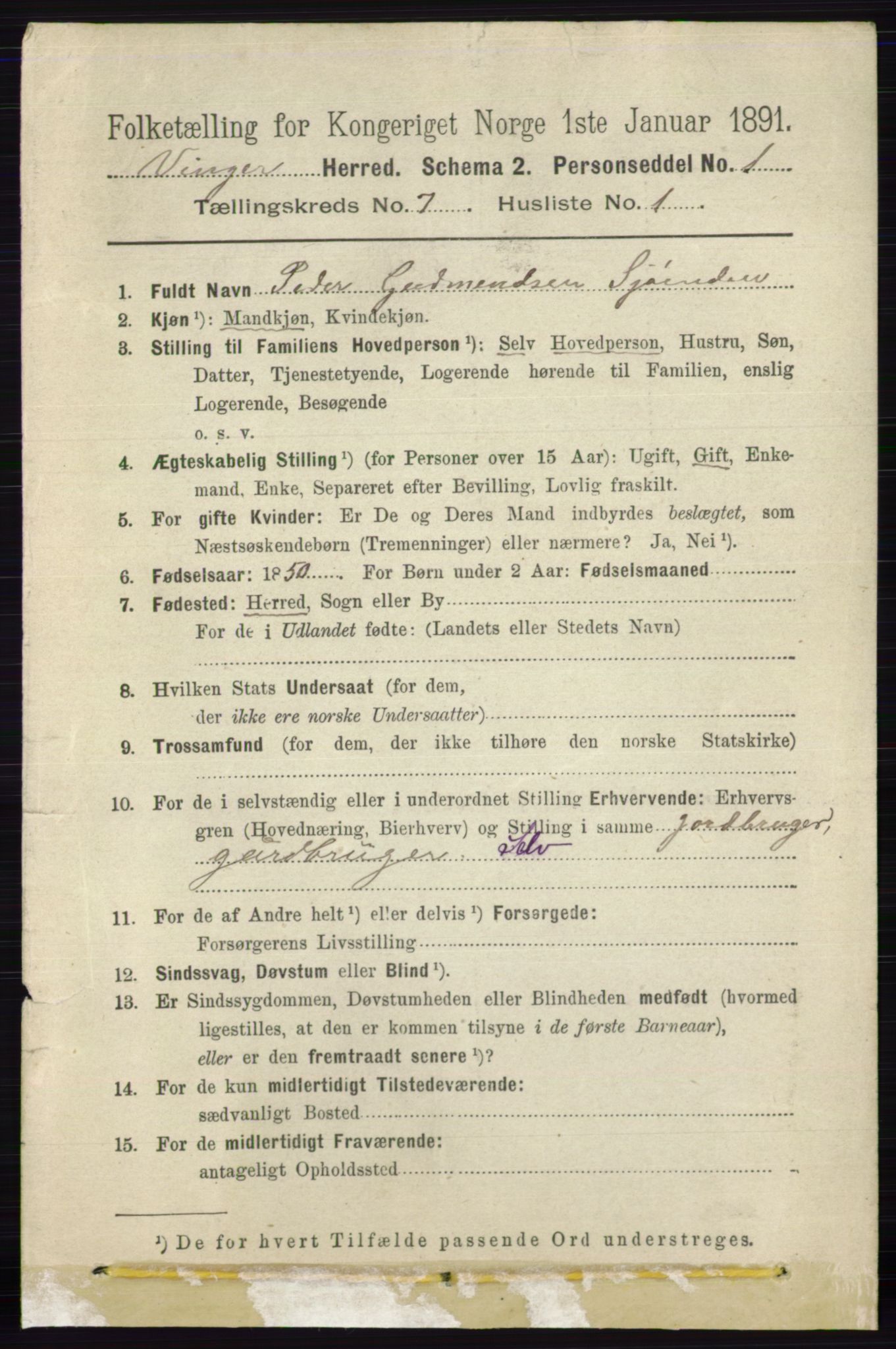 RA, 1891 census for 0421 Vinger, 1891, p. 3232