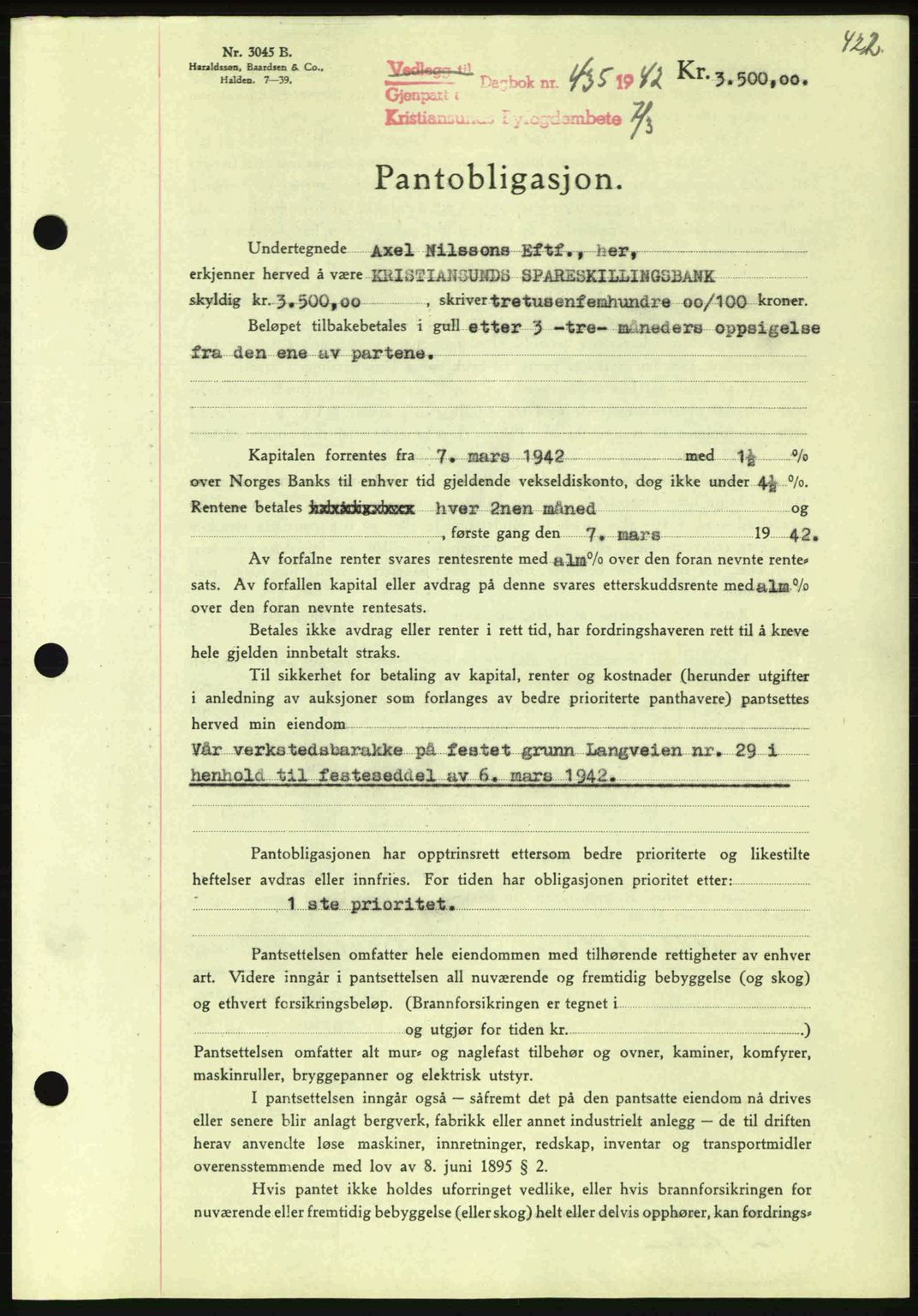 Kristiansund byfogd, AV/SAT-A-4587/A/27: Mortgage book no. 35, 1941-1942, Diary no: : 435/1942