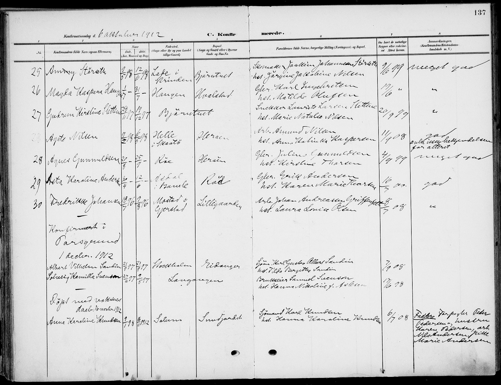 Eidanger kirkebøker, SAKO/A-261/F/Fa/L0013: Parish register (official) no. 13, 1900-1913, p. 137