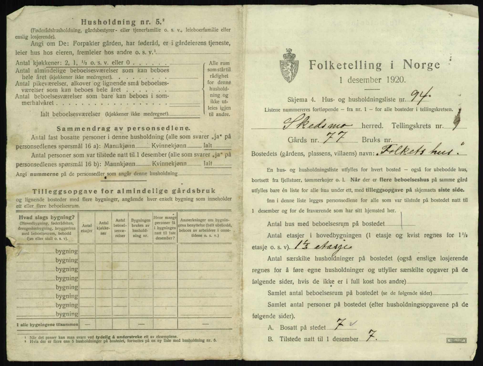 SAO, 1920 census for Skedsmo, 1920, p. 1491