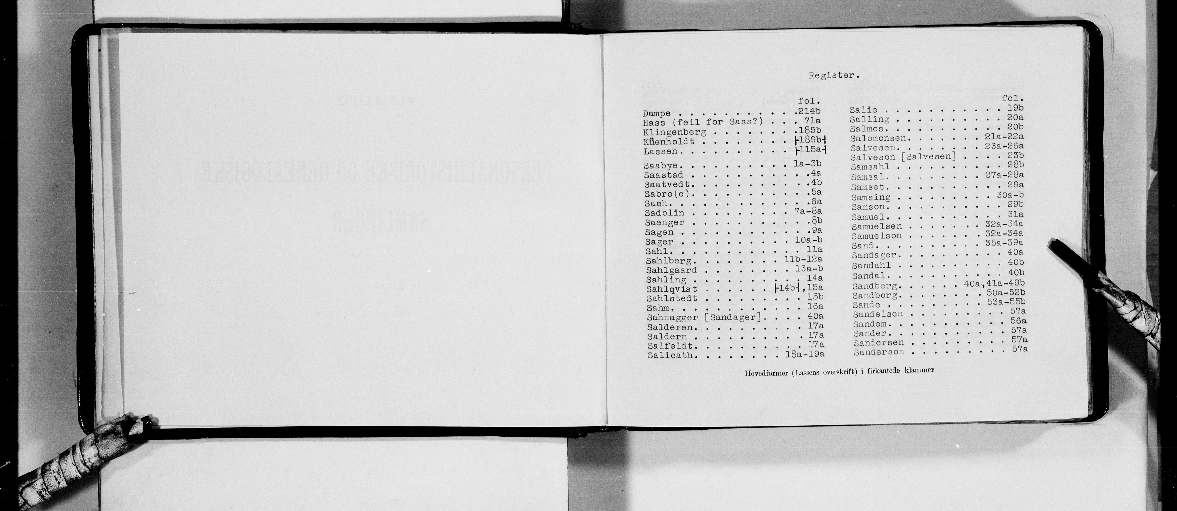 Lassens samlinger, AV/RA-PA-0051/F/Fa/L0037: Personalhistoriske og genealogiske opptegnelser: Saabye - Schjeveland, 1500-1907