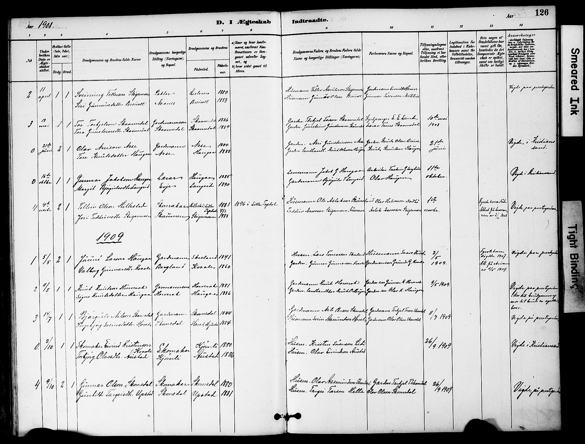 Bygland sokneprestkontor, SAK/1111-0006/F/Fa/Fab/L0007: Parish register (official) no. A 7, 1885-1909, p. 126