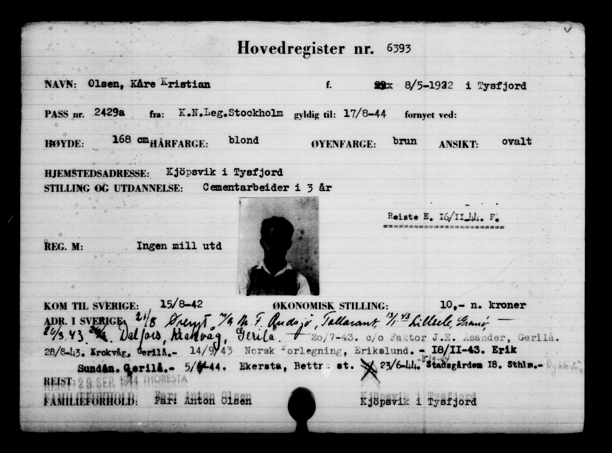 Utenriksstasjonene, Legasjonen i Stockholm, Flyktningkontoret, AV/RA-S-6753/V/Va/L0004: Kjesäterkartoteket, flyktninger med registreringsnr. 3496-6610, 1940-1945, p. 3425