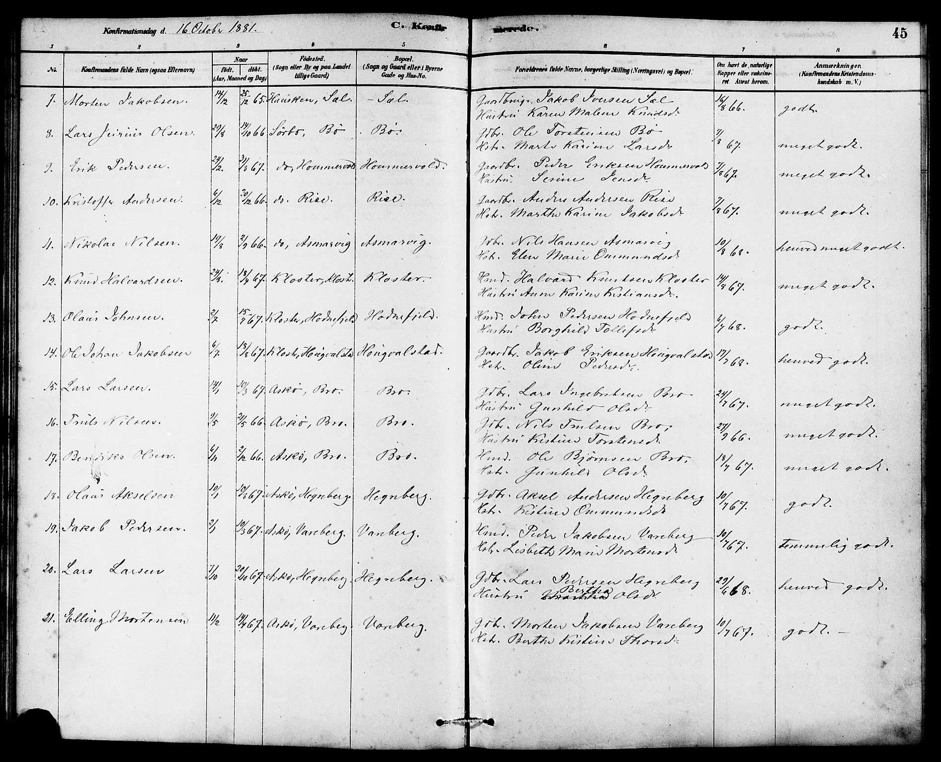 Rennesøy sokneprestkontor, SAST/A -101827/H/Ha/Haa/L0007: Parish register (official) no. A 7, 1878-1884, p. 45