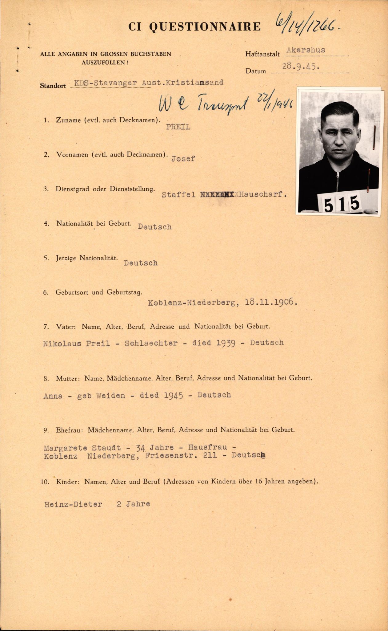 Forsvaret, Forsvarets overkommando II, RA/RAFA-3915/D/Db/L0026: CI Questionaires. Tyske okkupasjonsstyrker i Norge. Tyskere., 1945-1946, p. 315