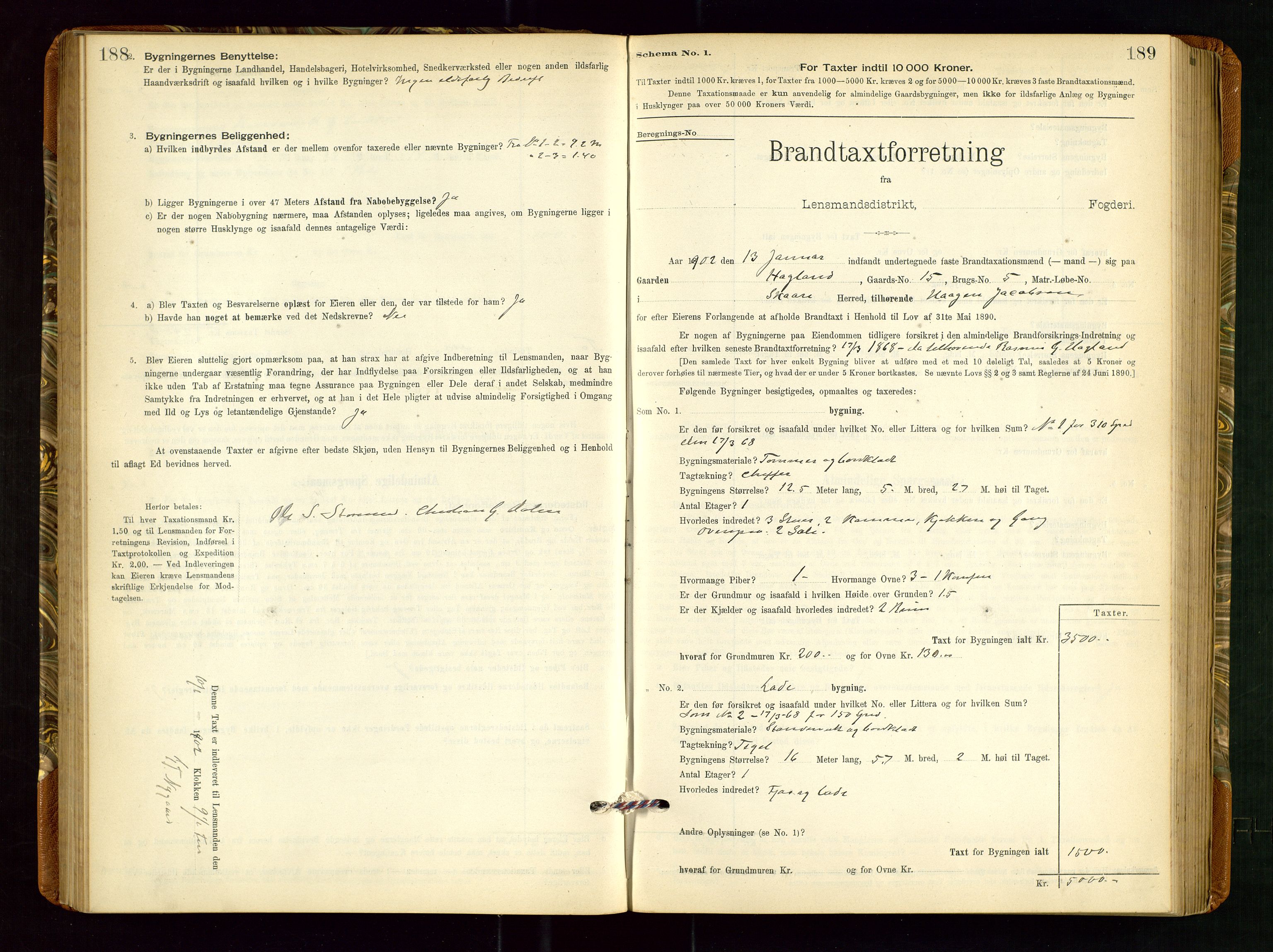 Torvestad lensmannskontor, AV/SAST-A-100307/1/Gob/L0002: "Brandtakstprotokol for Lensmanden i Torvestad", 1900-1905, p. 188-189