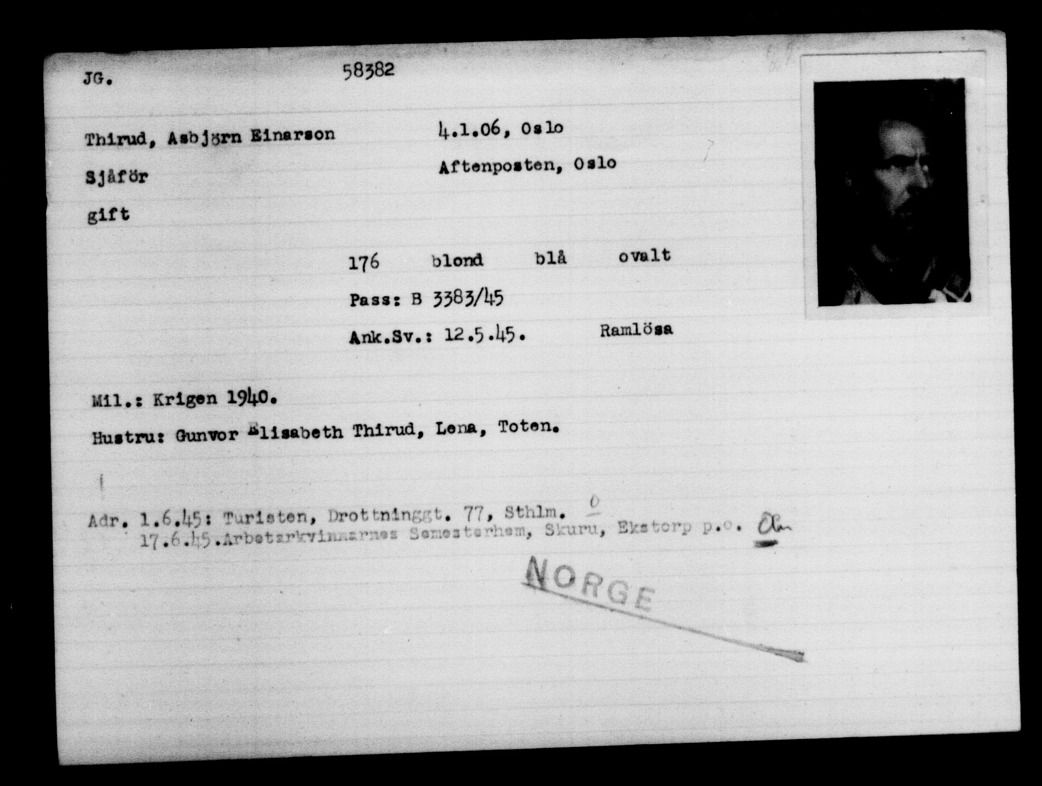 Utenriksstasjonene, Legasjonen i Stockholm, Flyktningkontoret, AV/RA-S-6753/V/Va/L0021: Kjesäterkartoteket, flyktninger med registreringsnr. 58200-61089, 1940-1945, p. 184